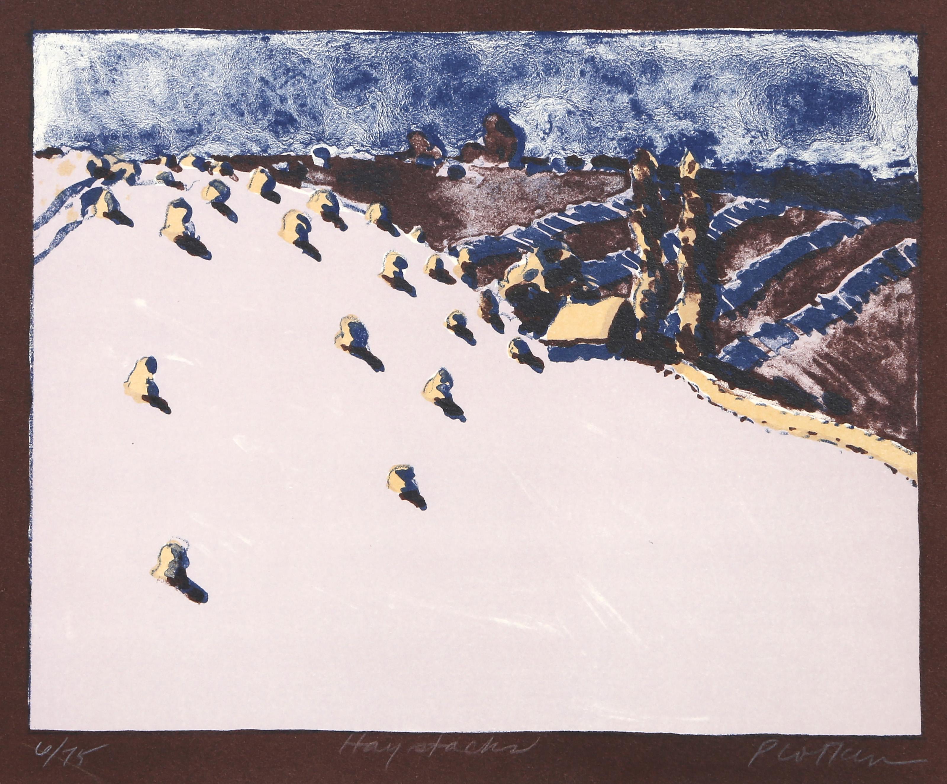 Linda Plotkin, American (1938 - ) - Haystacks, Year:  circa 1965, Medium:  Screenprint, signed, titled and numbered in pencil, Edition:  6/75, Image Size:  7.5 x 9.5 inches, Size:  9 x 11.75 in. (22.86 x 29.85 cm) 