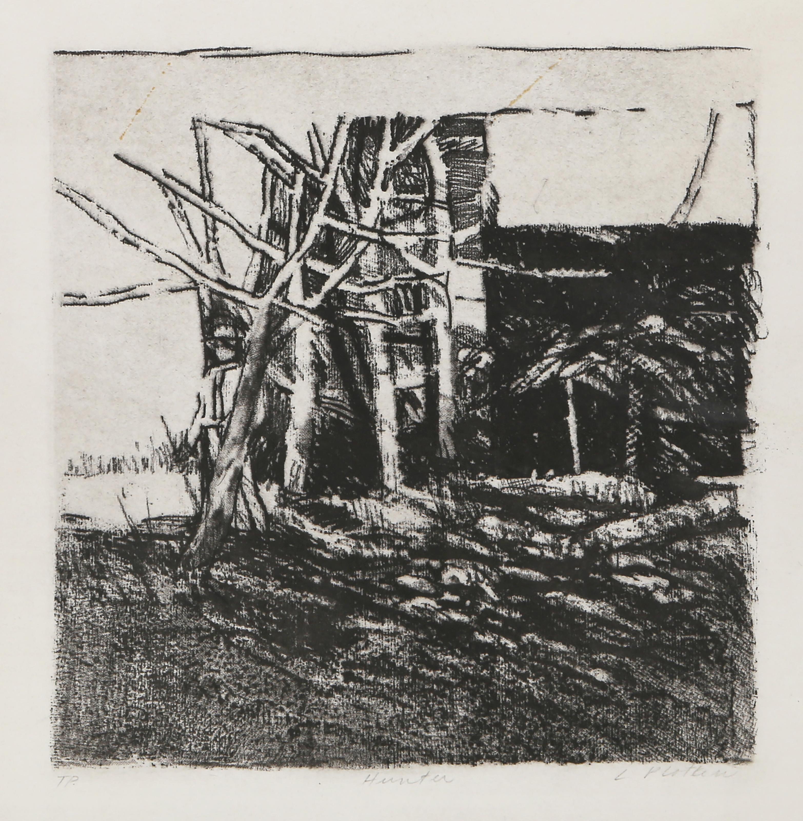 Linda Plotkin, American (1938 - ) - Hunter, Year:  circa 1965, Medium:  Lithograph on BFK Rives, signed, titled and numbered in pencil, Edition:  Trial Proof, Image Size:  9.5 x 9.25 inches, Size:  17 x 16.75 in. (43.18 x 42.55 cm) 