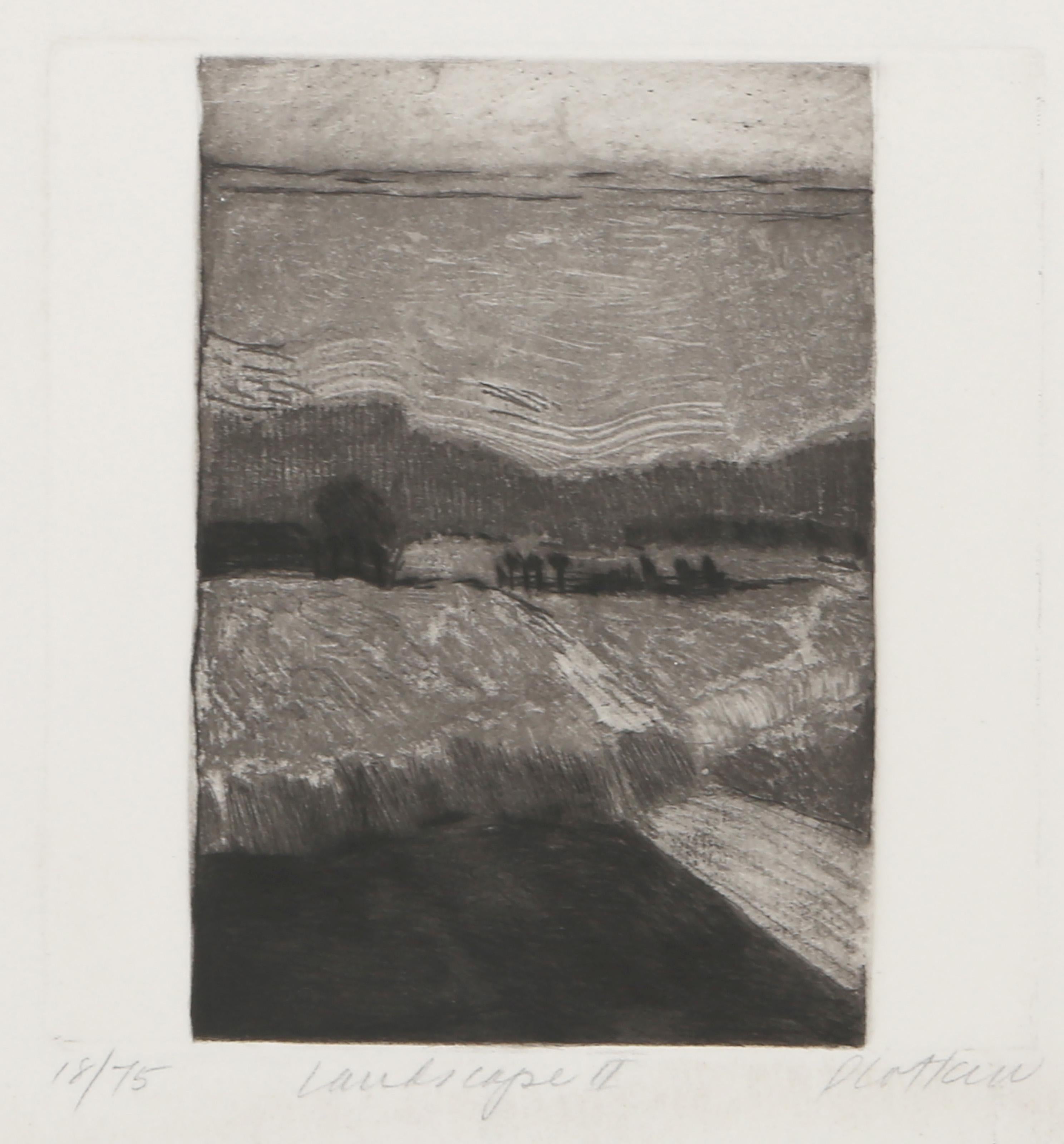 Linda Plotkin, American (1938 - ) - Landscape II, Year:  circa 1965, Medium:  Etching, signed, titled and numbered in pencil, Edition:  18/75, Image Size:  6 x 4.25 inches, Size:  15 x 11 in. (38.1 x 27.94 cm) 