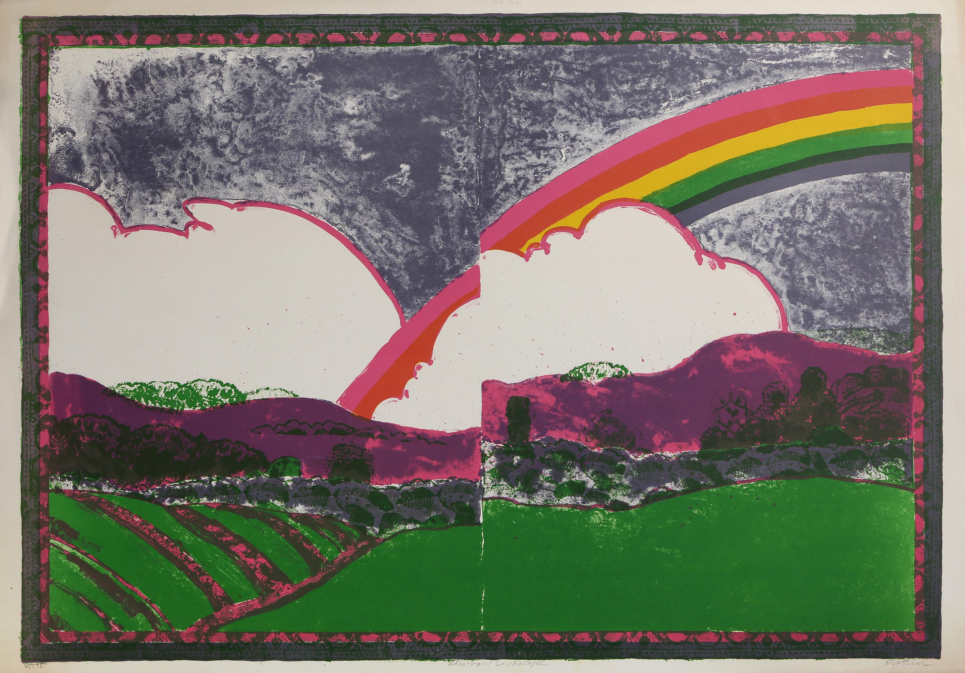 Linda Plotkin, Amerikanerin (1938 - ) - Regenbogen-Landschaft, Jahr:  ca. 1965, Medium:  Lithographie auf Arches, signiert, betitelt und nummeriert mit Bleistift, Auflage:  6/175, Bildgröße:  20,5 x 28,5 Zoll, Größe:  21.25 x 30 in. (53.98 x 76.2