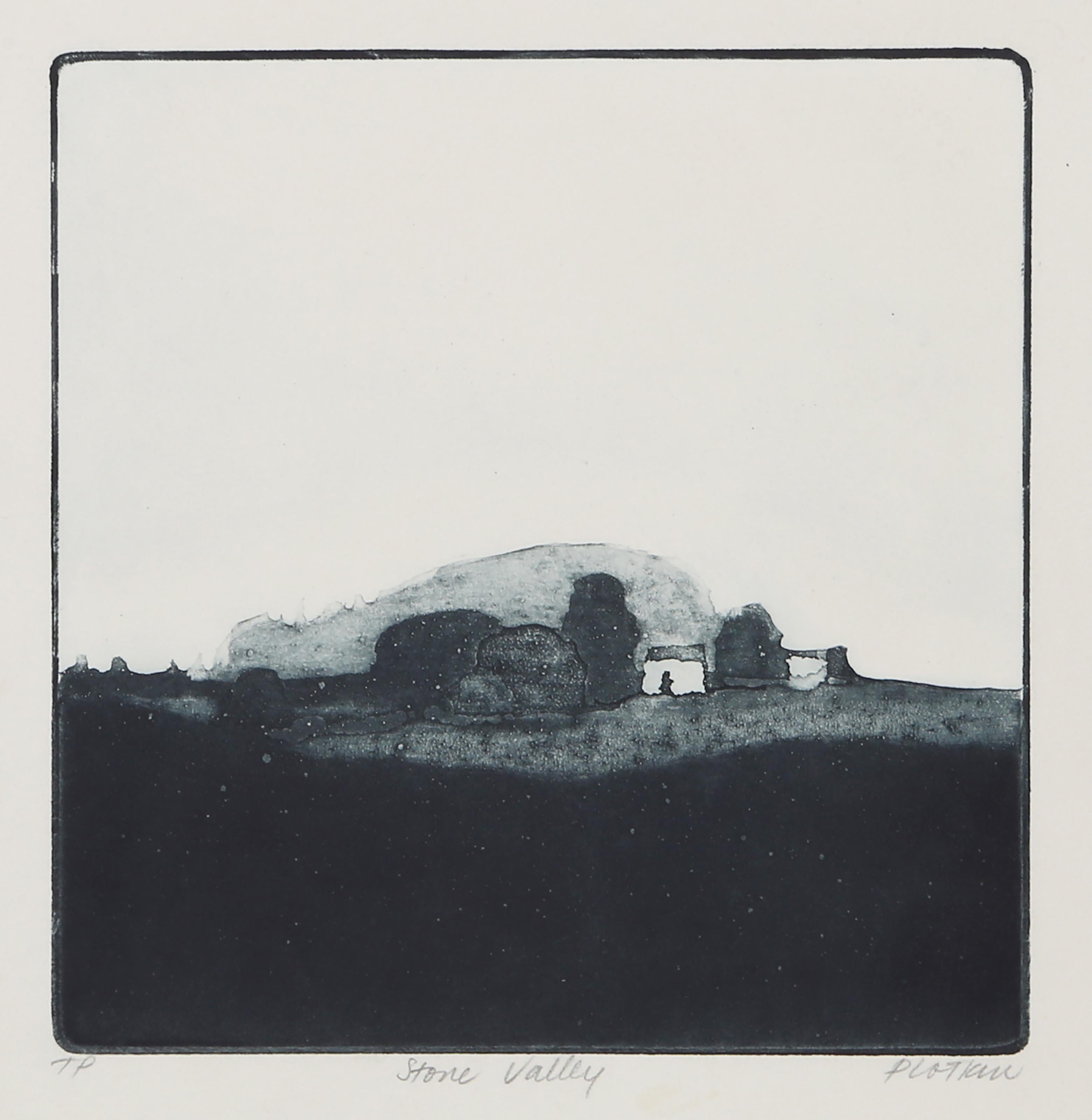Linda Plotkin, American (1938 - ) - Stone Valley, Year:  circa 1965, Medium:  Aquatint on BFK Rives, signed, titled and numbered in pencil, Edition:  TP, Image Size:  8 x 7.75 inches, Size:  15 x 11 in. (38.1 x 27.94 cm) 
