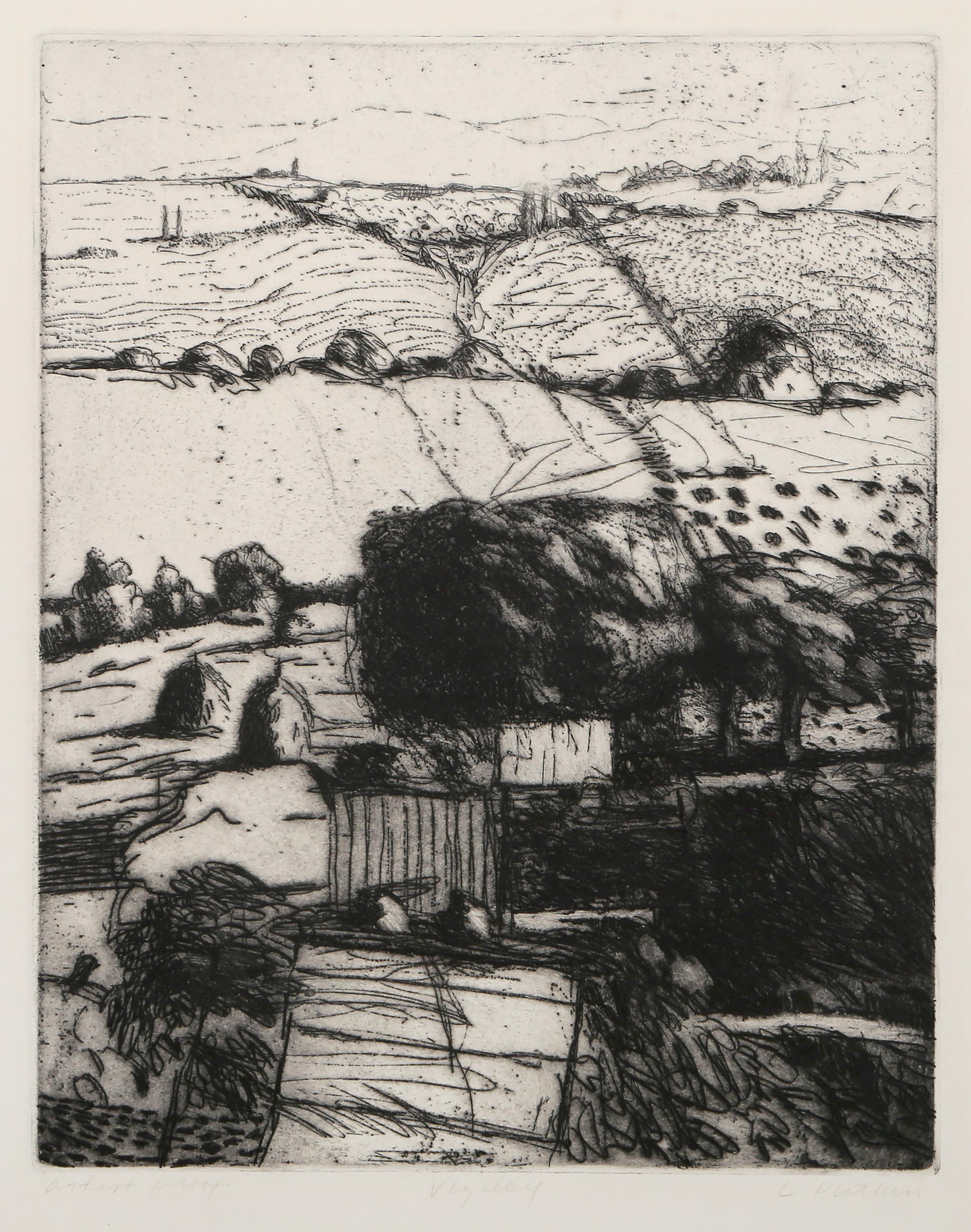 Linda Plotkin, Américaine (1938 - ) - Vézelay, Année :  1966, Moyen :  Eau-forte, signée, titrée et numérotée au crayon, Edition :  AP, Taille de l'image :  15 x 11.75 pouces, Taille :  20 x 17 in. (50.8 x 43.18 cm) 