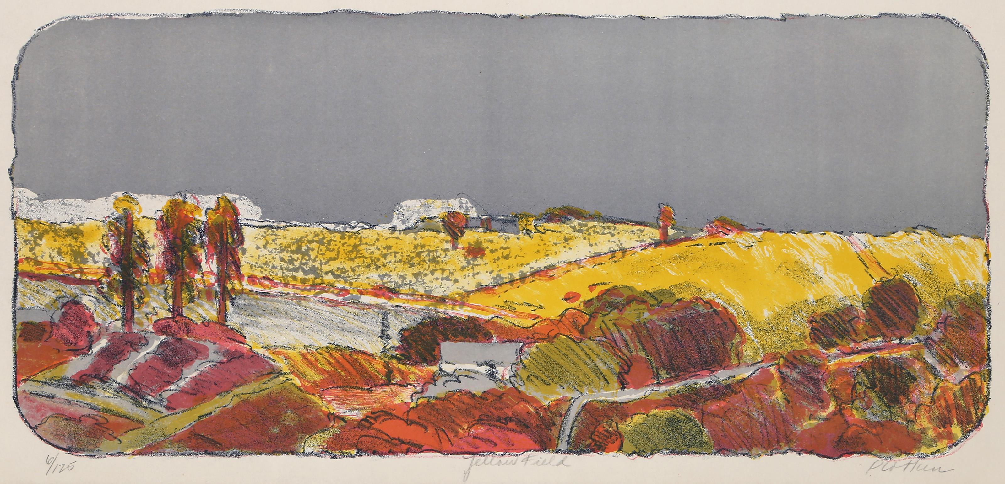 Linda Plotkin, Américaine (1938 - ) - Champ jaune, Année :  circa 1965, Medium :  Lithographie, signée, titrée et numérotée au crayon, édition :  6/125, Taille de l'image :  9 x 20 pouces, Taille :  10.5 x 22.25 in. (26.67 x 56.52 cm) 