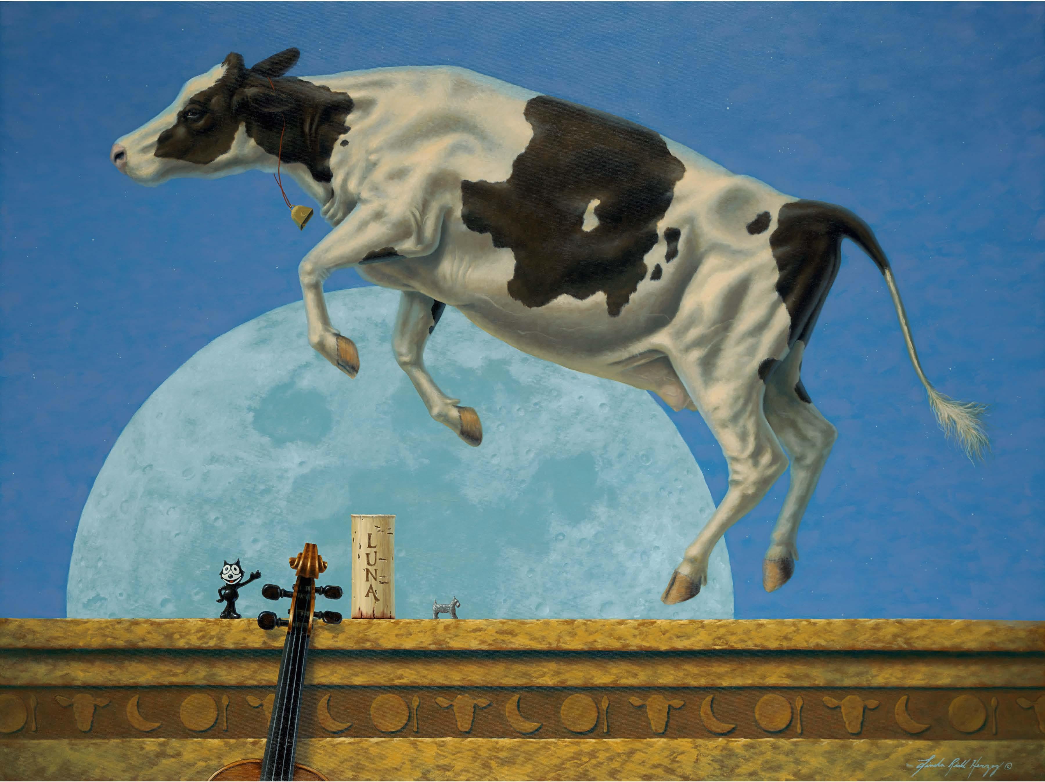 Linda Ridd Herzog Animal Painting - Cow Jumped Over the Moon