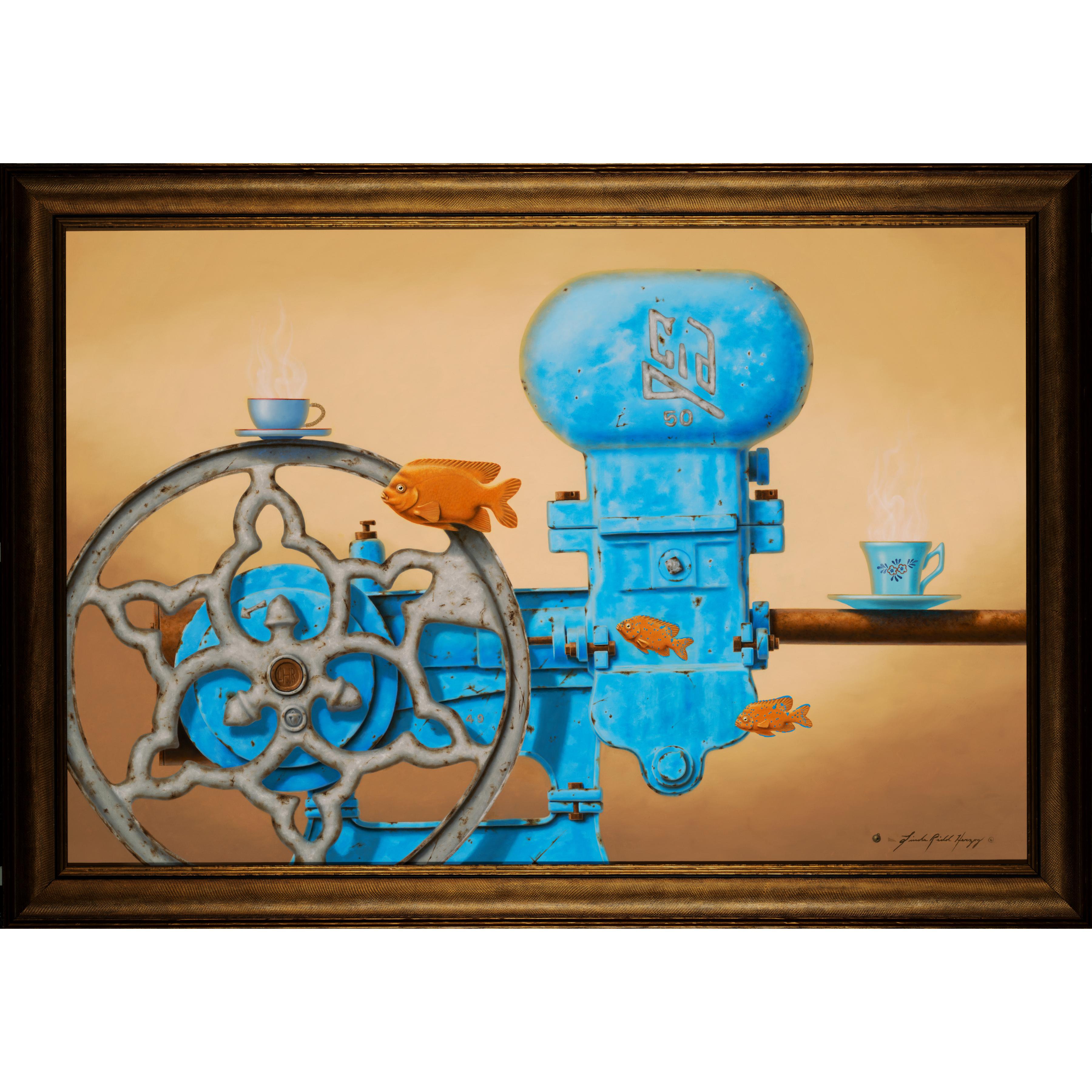 Linda Ridd Herzog Animal Painting - Little Blue Steam Engines