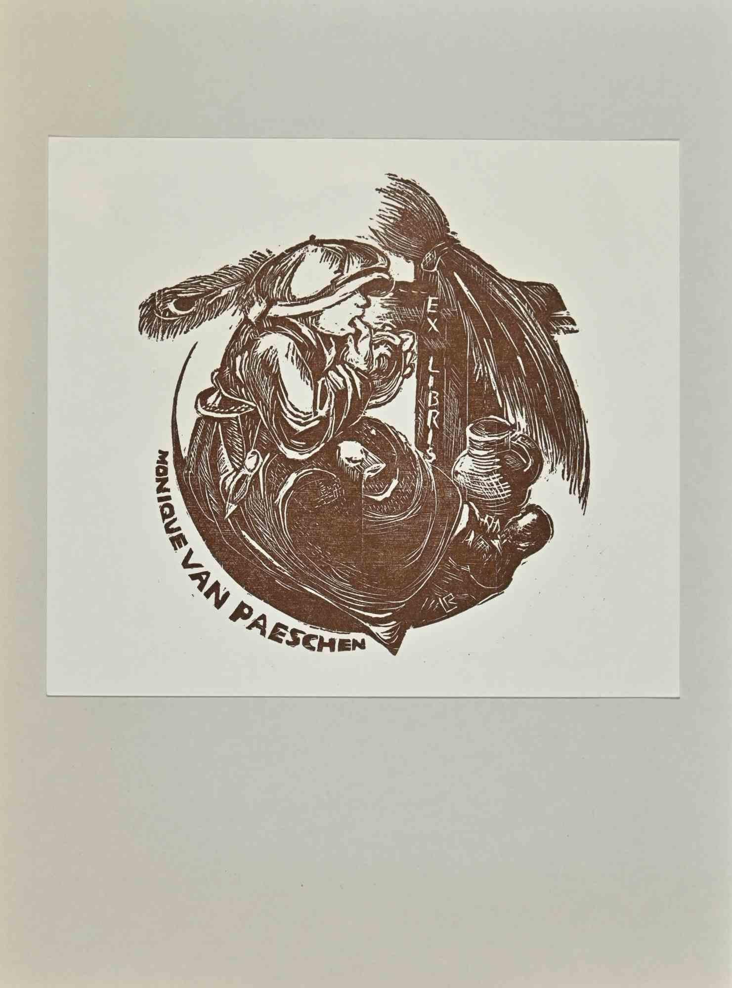 Ex Libris - Monique Van Paeschen is a Modern Artwork realized in 1982 s., by Linda Ruttelinck.
 
B/W woodcut on paper. 
 
The work is glued on grey cardboard.
 
Total dimensions: 20x 15 cm.

Excellent conditions .

The artwork represents a