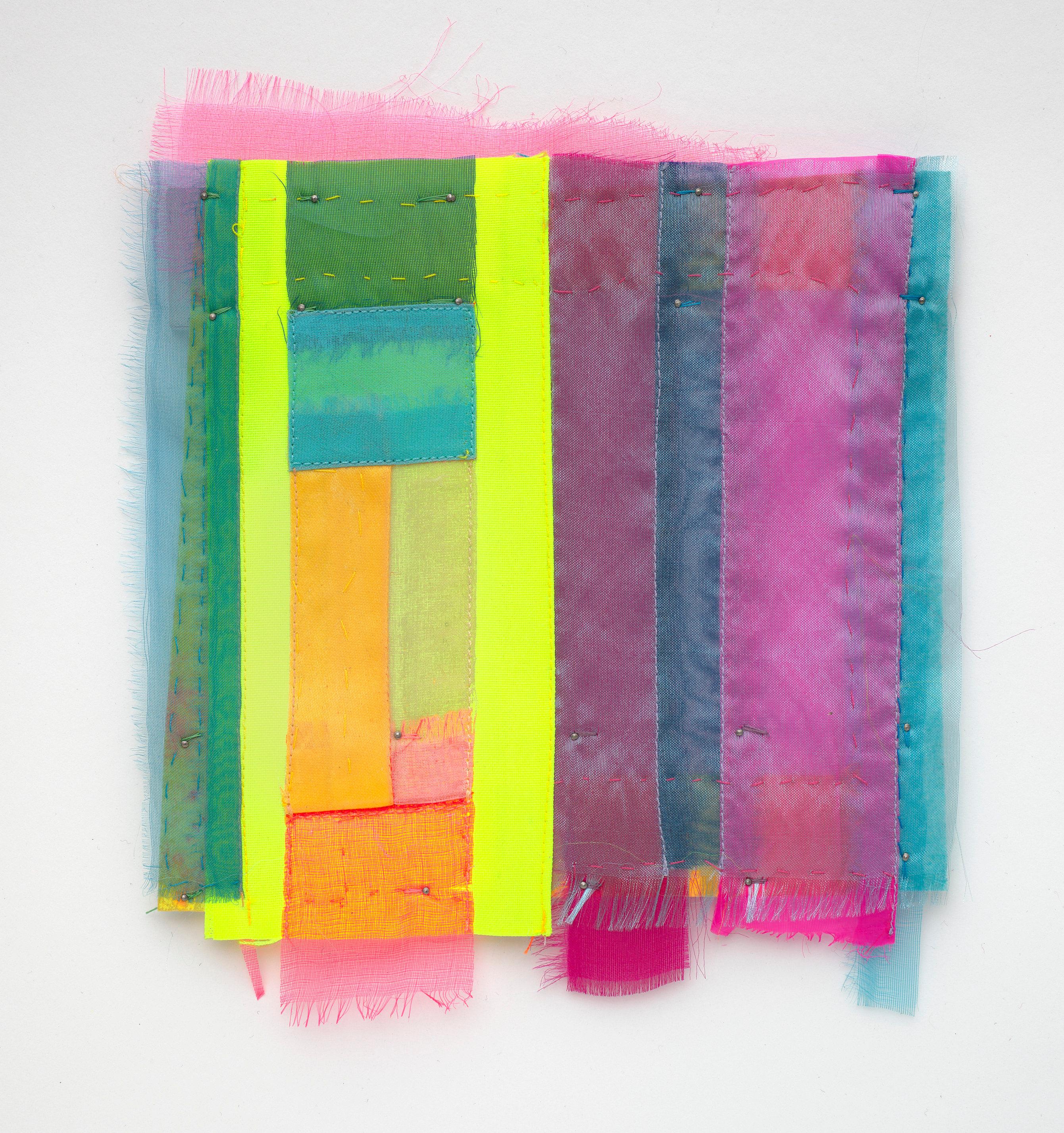 Cinch, 2023, vibrant, jewel-like, diaphanous strips of fabric collages