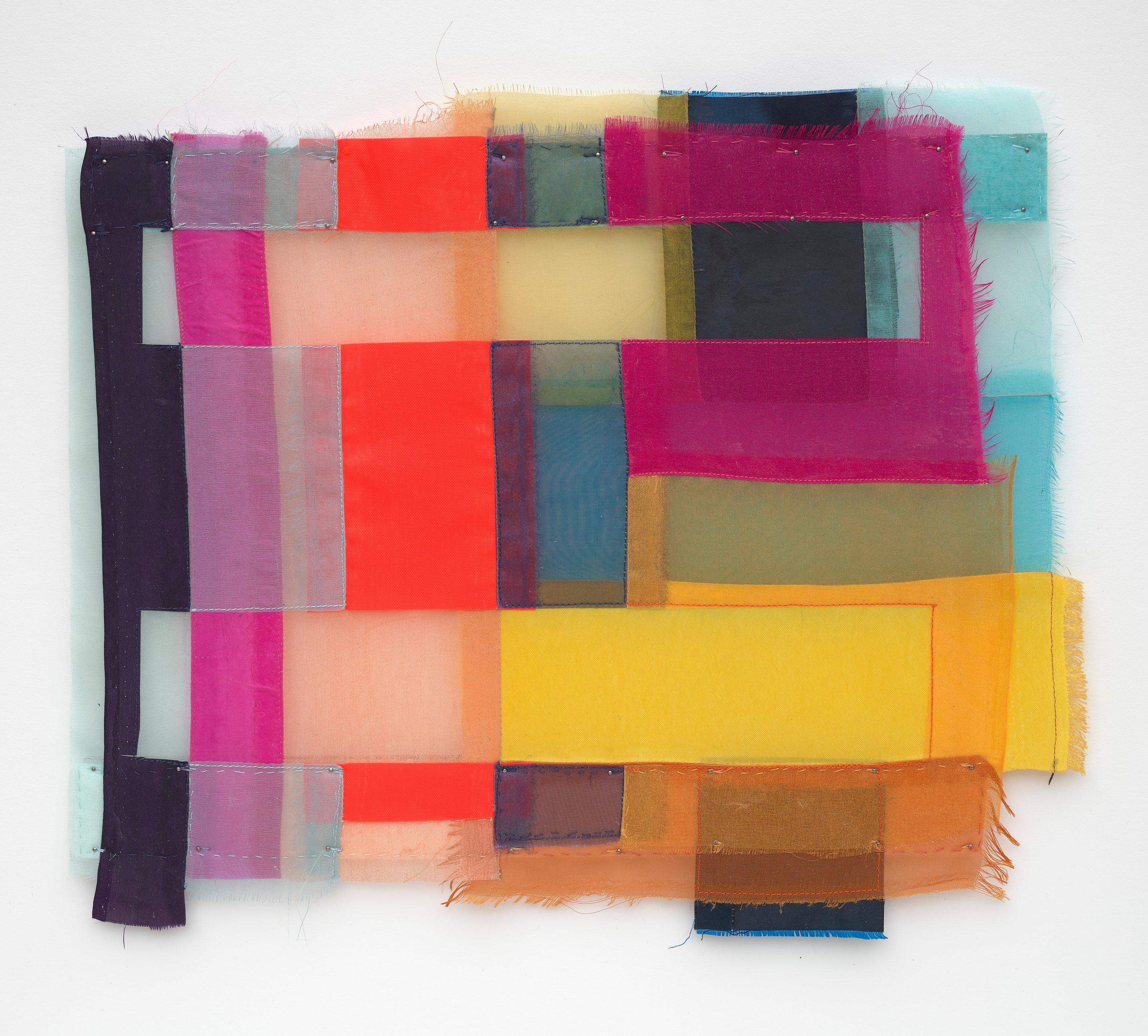 Peek, 2023, vibrant, jewel-like, diaphanous strips of fabric collages