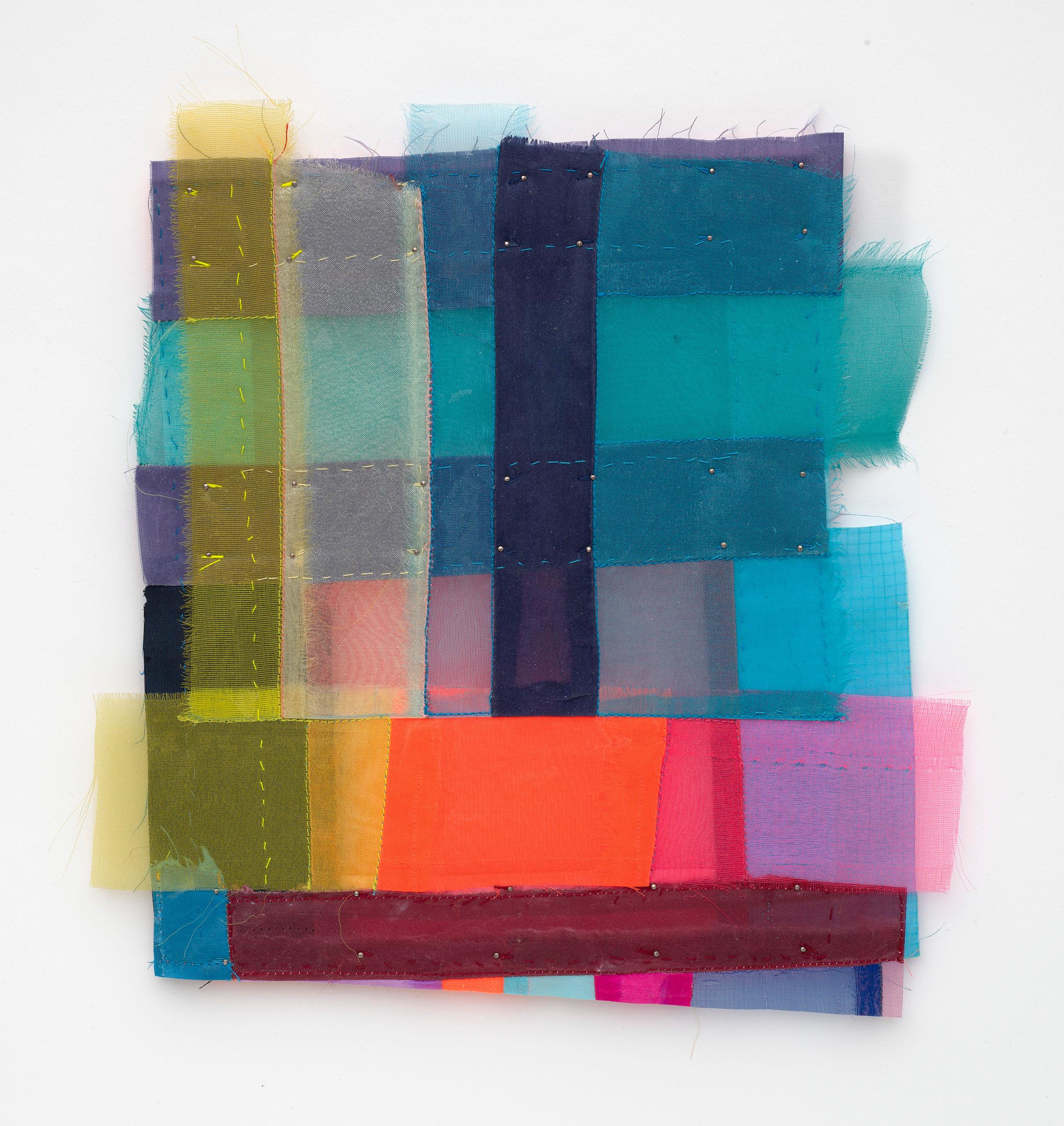 Plinth, 2023, vibrant, jewel-like, diaphanous strips of fabric collage