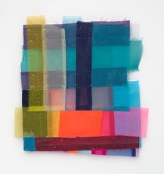Plinth, 2023, vibrant, jewel-like, diaphanous strips of fabric collage