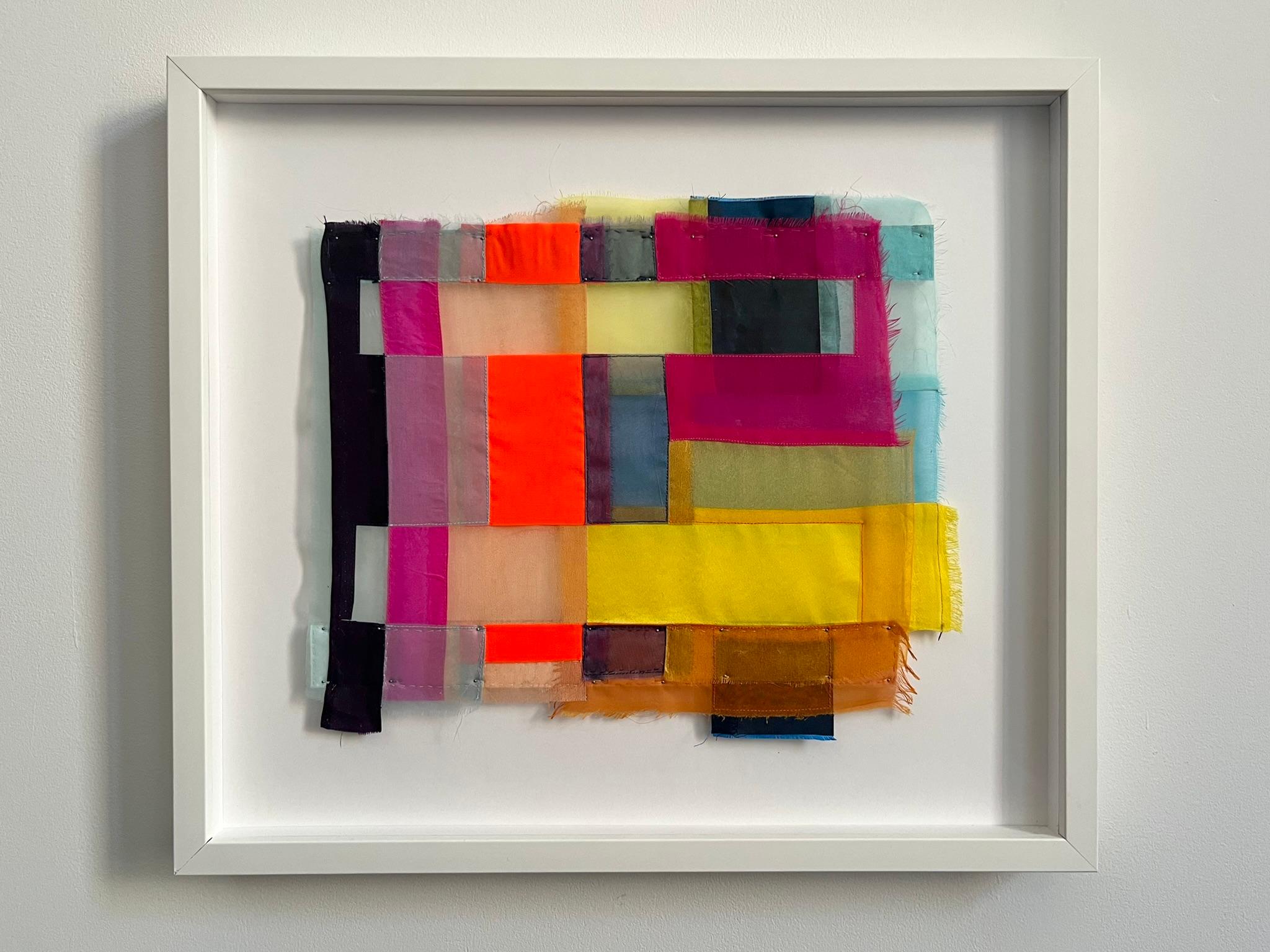 This work is framed with a simple white float to allow the jewel-like, diaphonous strips of fabric to glow without distraction.


Linda Kamille Schmidt received an MA in drawing and an MFA in painting from the University of Iowa. In 1989 she
