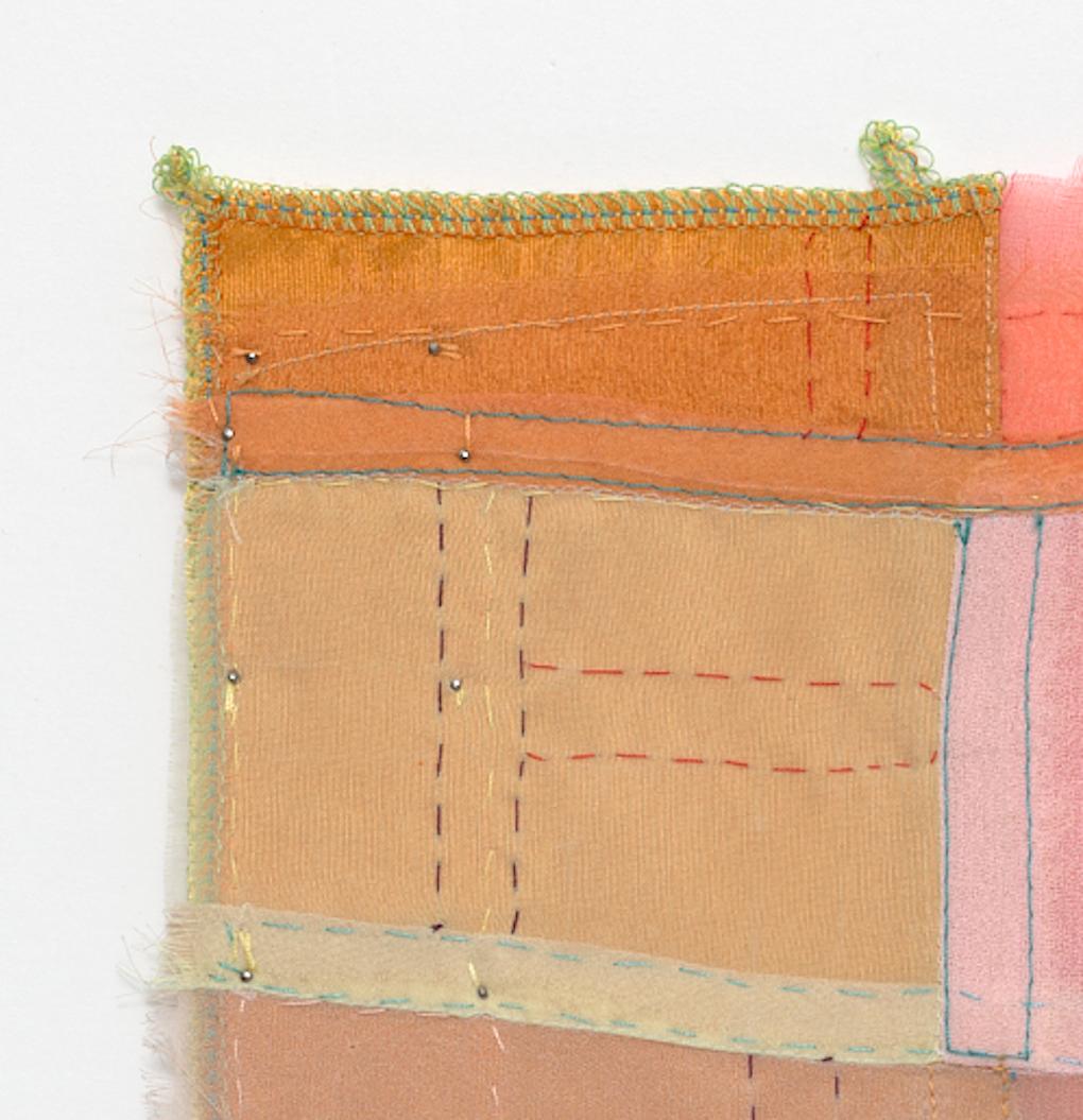 Wake, Stitched Sheer Textile Collage in Warm Earth Tones and Pastel Color Blocks - Abstract Painting by Linda Schmidt