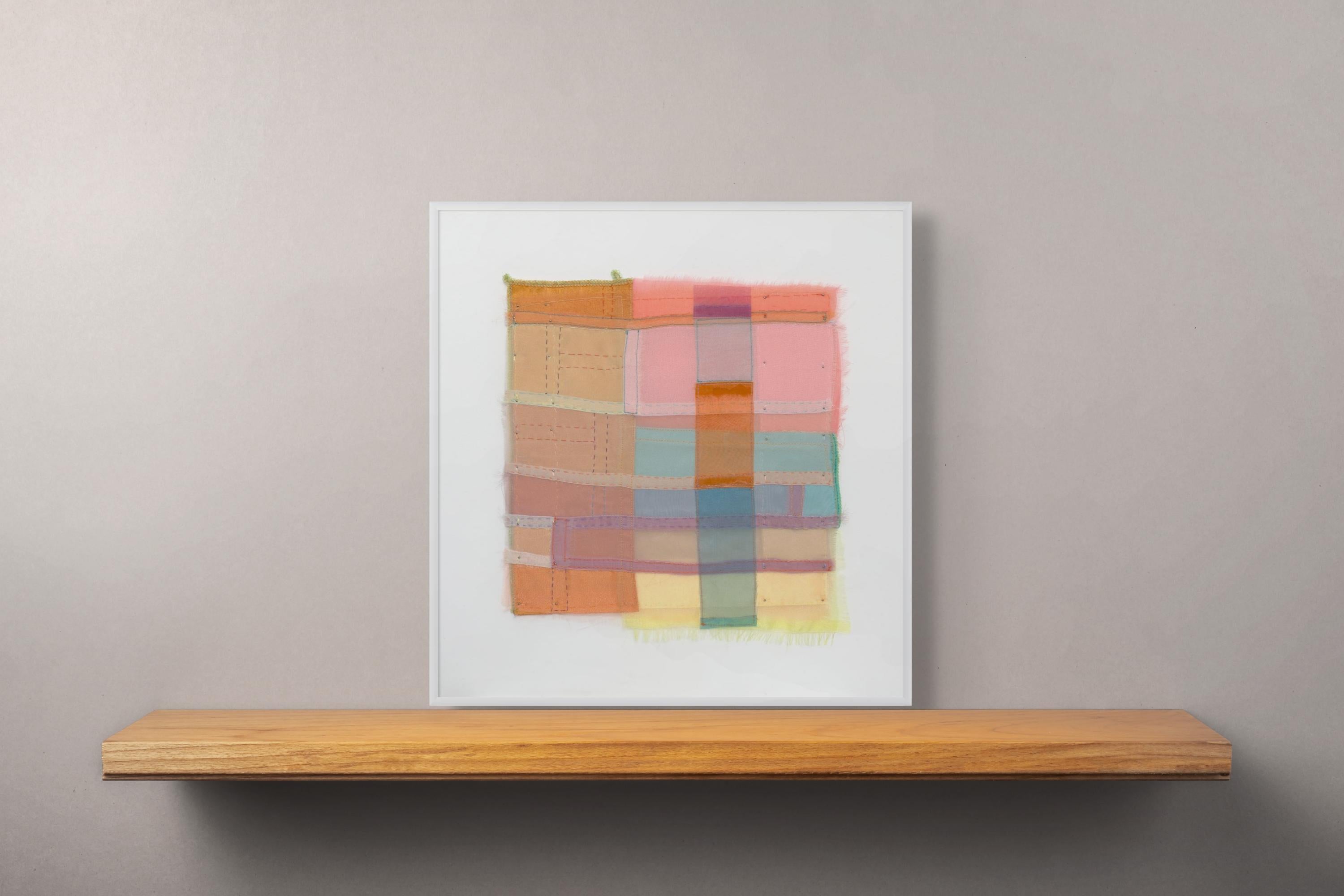 Wake, Stitched Sheer Textile Collage in Warm Earth Tones and Pastel Color Blocks - Painting by Linda Schmidt