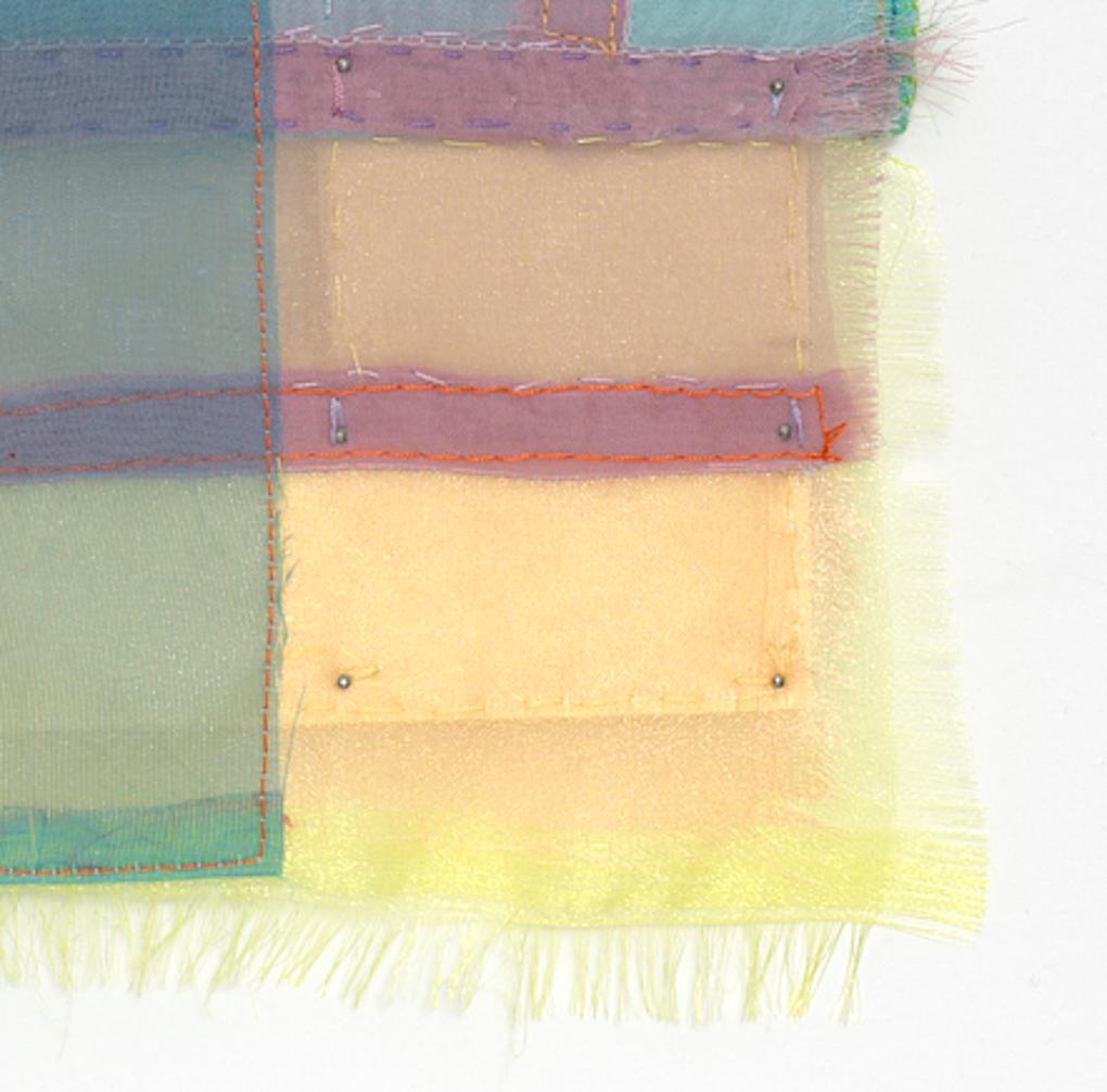 Wake, Stitched Sheer Textile Collage in Warm Earth Tones and Pastel Color Blocks - Beige Abstract Painting by Linda Schmidt