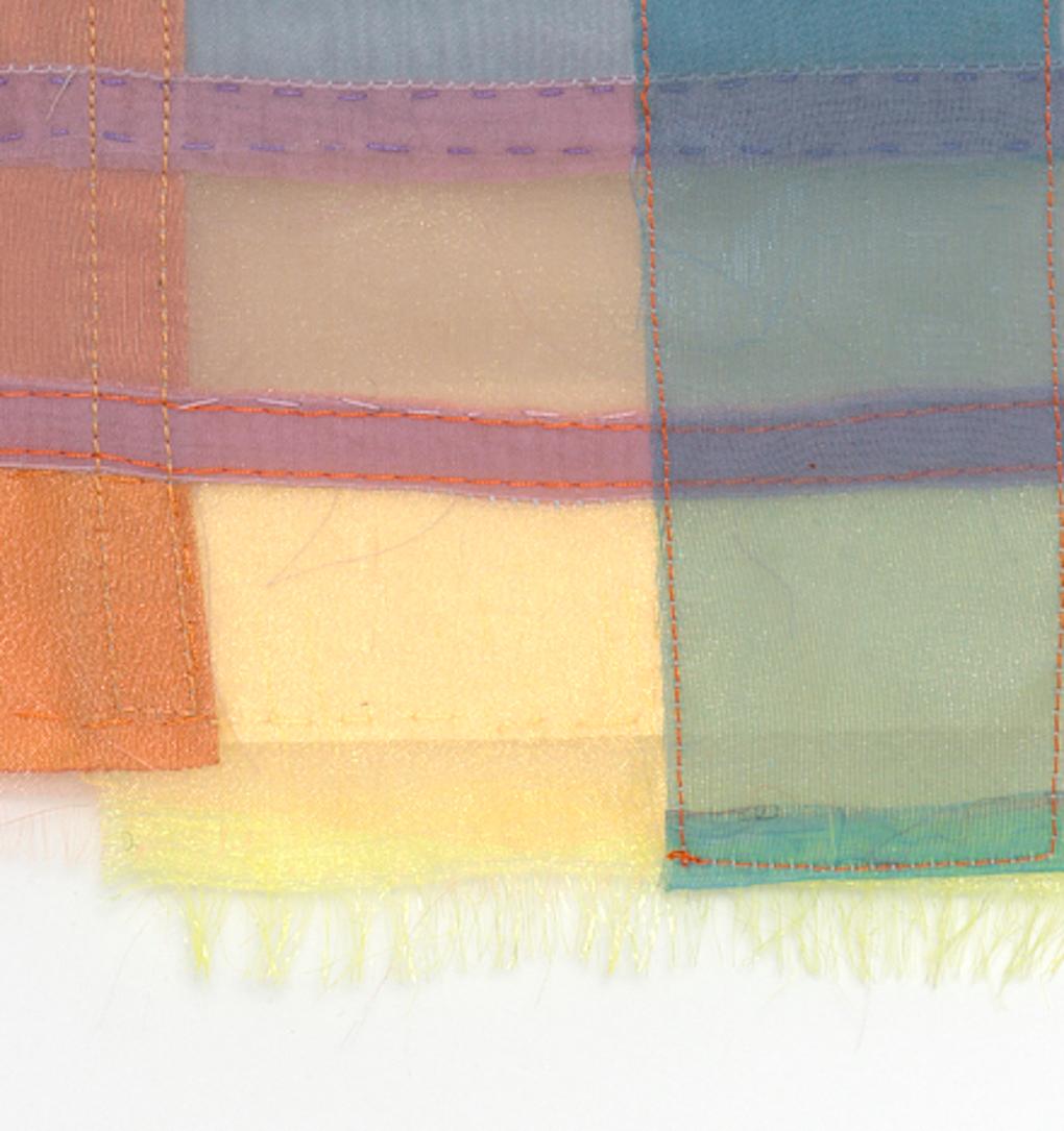 “Wake” by Linda Kamille Schmidt is an intimate textile collage composed of layered sheer and opaque fabrics, meticulously assembled using both machine and hand stitching. A third-generation seamstress, Schmidt draws on her deep familial connection