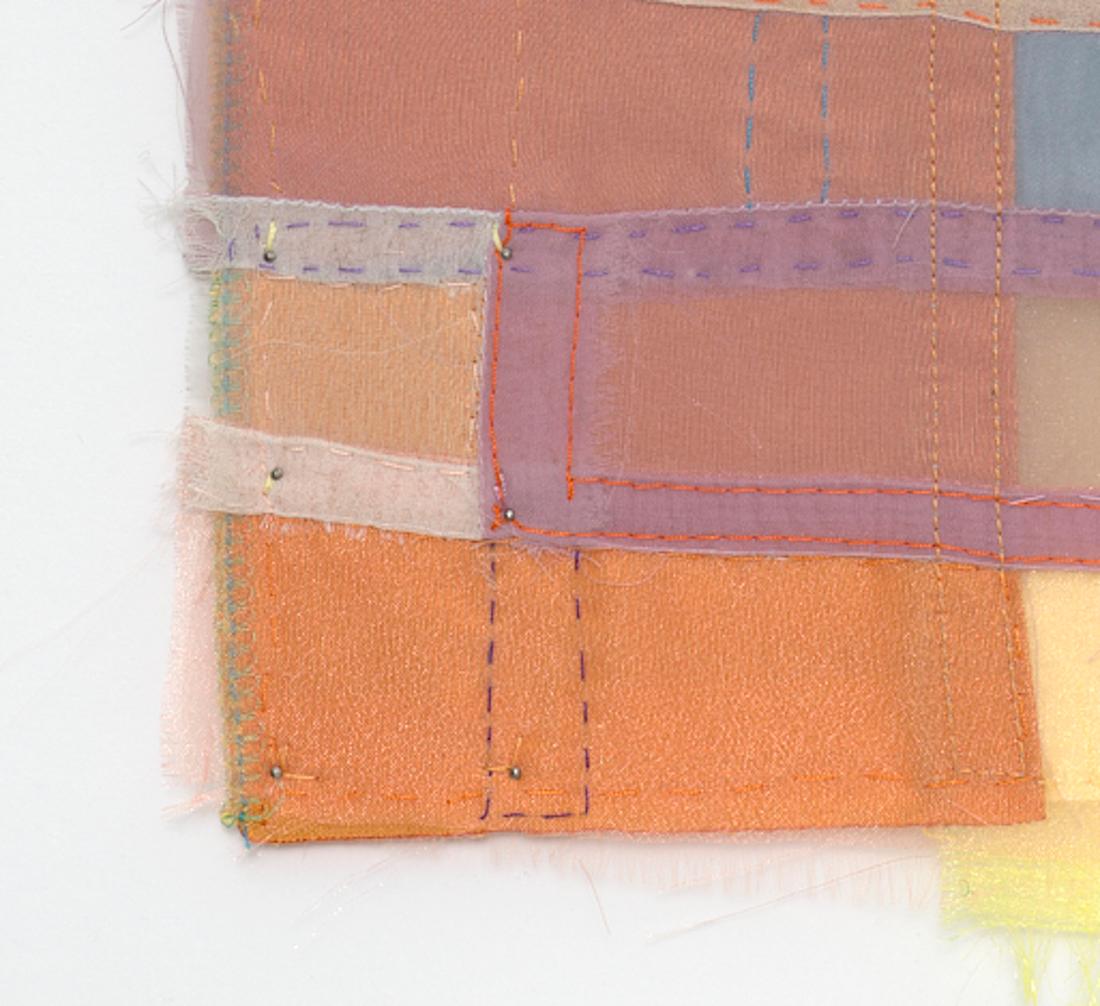Wake, Stitched Sheer Textile Collage in Warm Earth Tones and Pastel Color Blocks For Sale 1