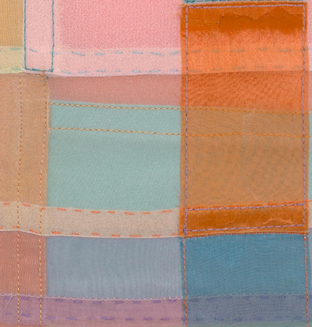 Wake, Stitched Sheer Textile Collage in Warm Earth Tones and Pastel Color Blocks For Sale 3
