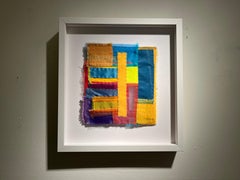 Pause, Bunte Geometrische Stoffcollage, Abstrakte Wandkunst, 9x8 n., 14 x 13 fr.
