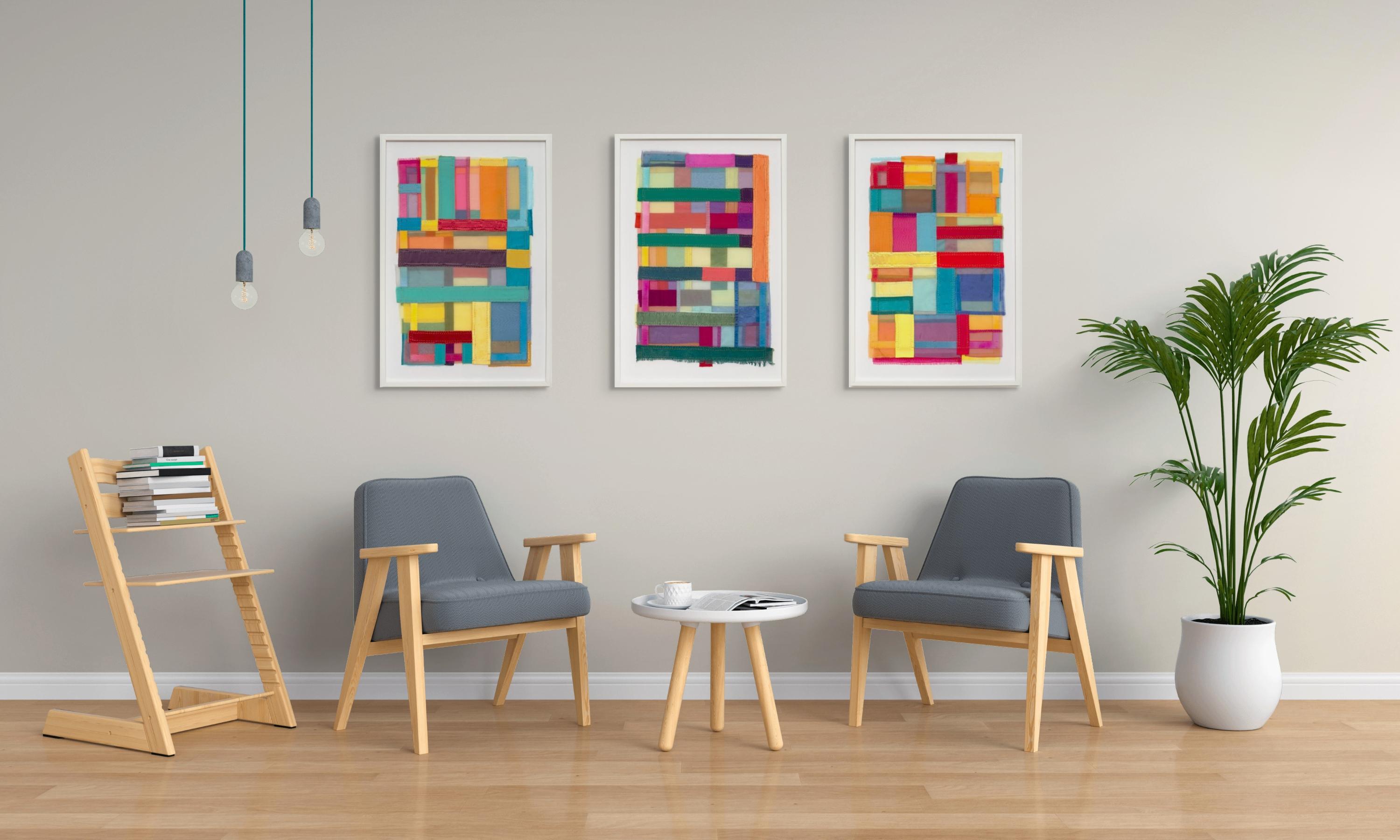 This vibrant fiber artwork features sheer, layered fabrics in a glowing spectrum of jewel tones, citrus brights, and soft pastels. The geometric composition is both hand- and machine-stitched, creating a tactile rhythm of seams, textures, and
