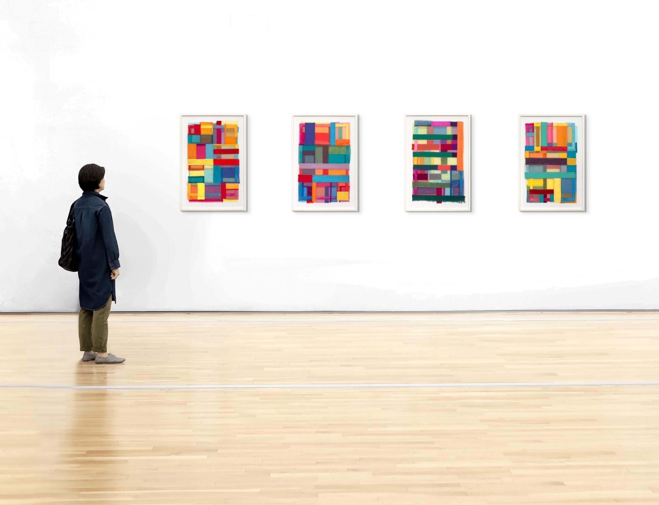 Fuse, Modern Patchwork Textile Art in Bright Jewel-toned Layered Colors For Sale 1