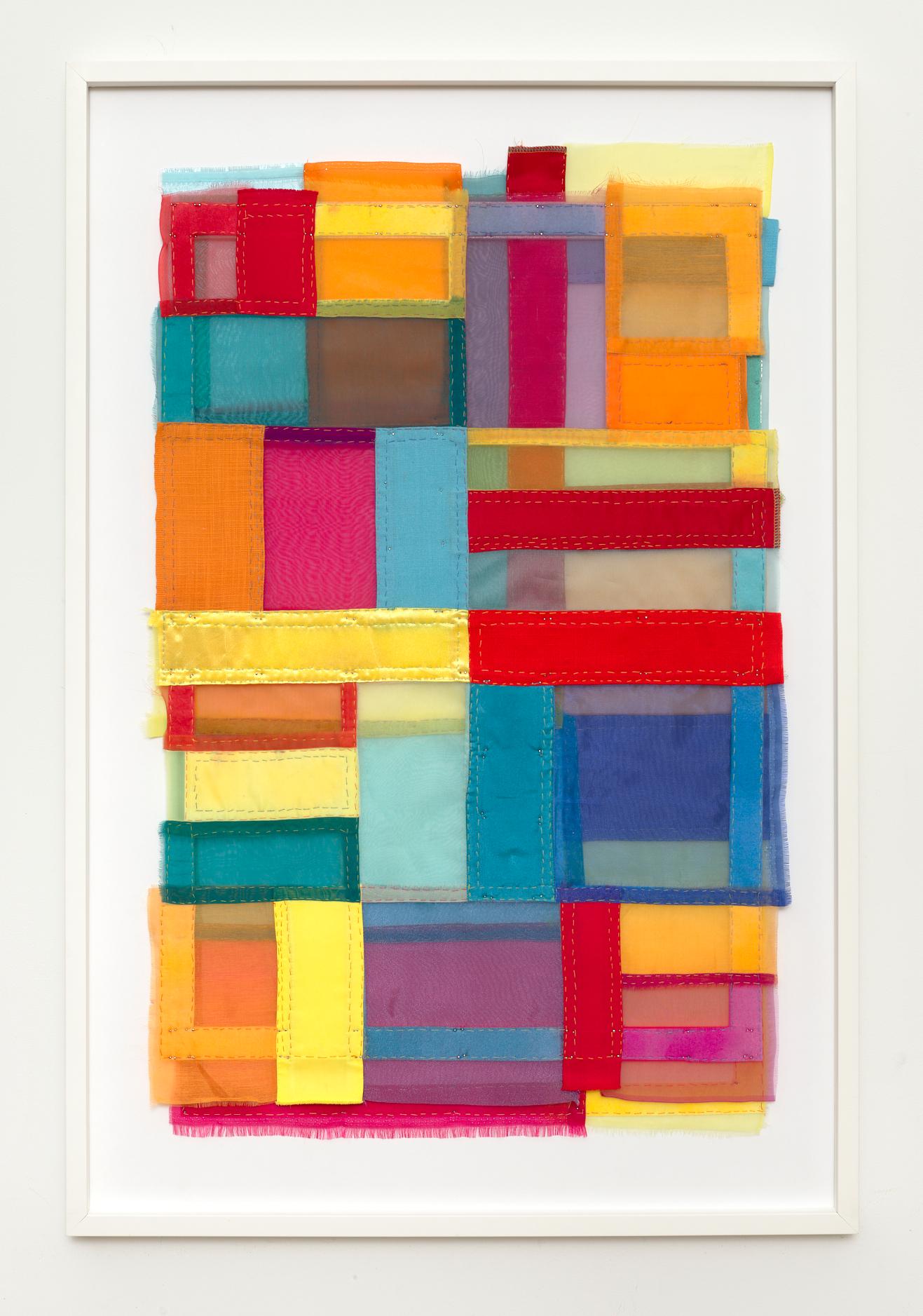 Fuse, Modern Patchwork Textile Art in Bright Jewel-toned Layered Colors - Mixed Media Art by Linda Schmidt