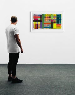 Gather 1, Geometrische abstrakte Textilcollage mit Neon-Farbraster, 17 x 31 in