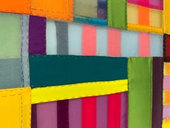 Gather 3, Geometric Abstract Textile Collage with Jewel-toned Grid, 17 x 30