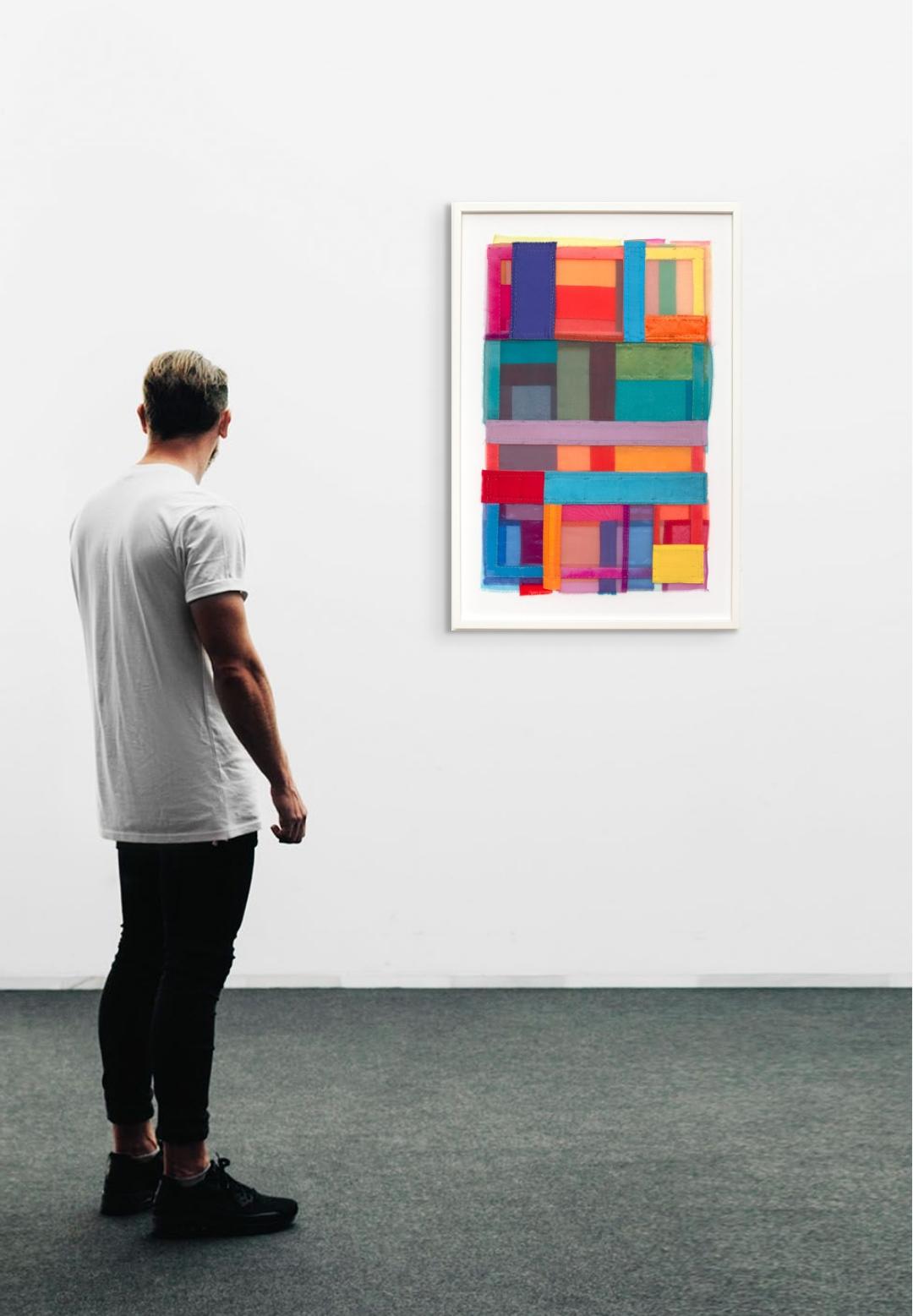 This vibrant textile collage is composed of layered sheer fabrics in a luminous palette of jewel tones and saturated brights. Carefully both hand-stitched and machine-stitched, the work features overlapping rectangles that form a dynamic patchwork