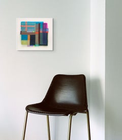 Plus, collage di tessuti geometrici vibranti in blu, arancione, magenta e blu scuro, 15x17