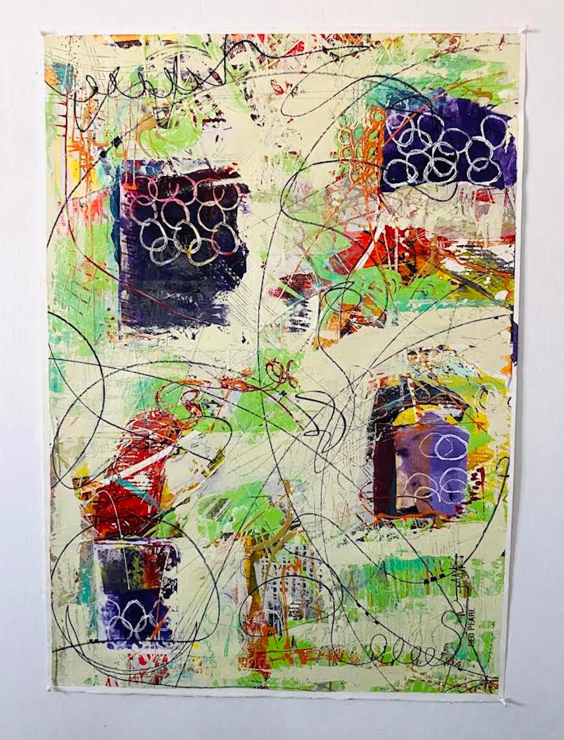 <p>Artist Comments<br>Artist Linda Shaffer presents a bold multi-layered abstract, in shades of off-white, orange, red, purple, and green. Scribbled mark-making decorates the surface with original images complementing the work. â€œThis painting is