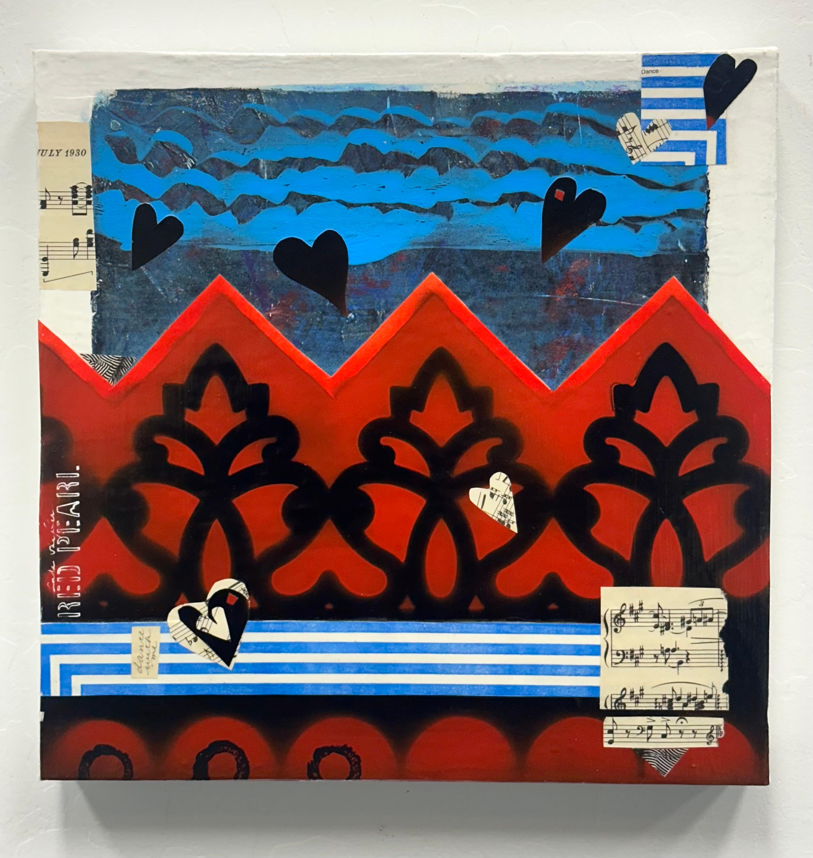 <p>Artist Comments<br>Collaged monoprints and patterns comprise a vibrant abstract in artist Linda Shaffer's bold work. She layers a variety of paint, hand-printed papers, and sheet music to create dynamic designs. Charming heart stencils and