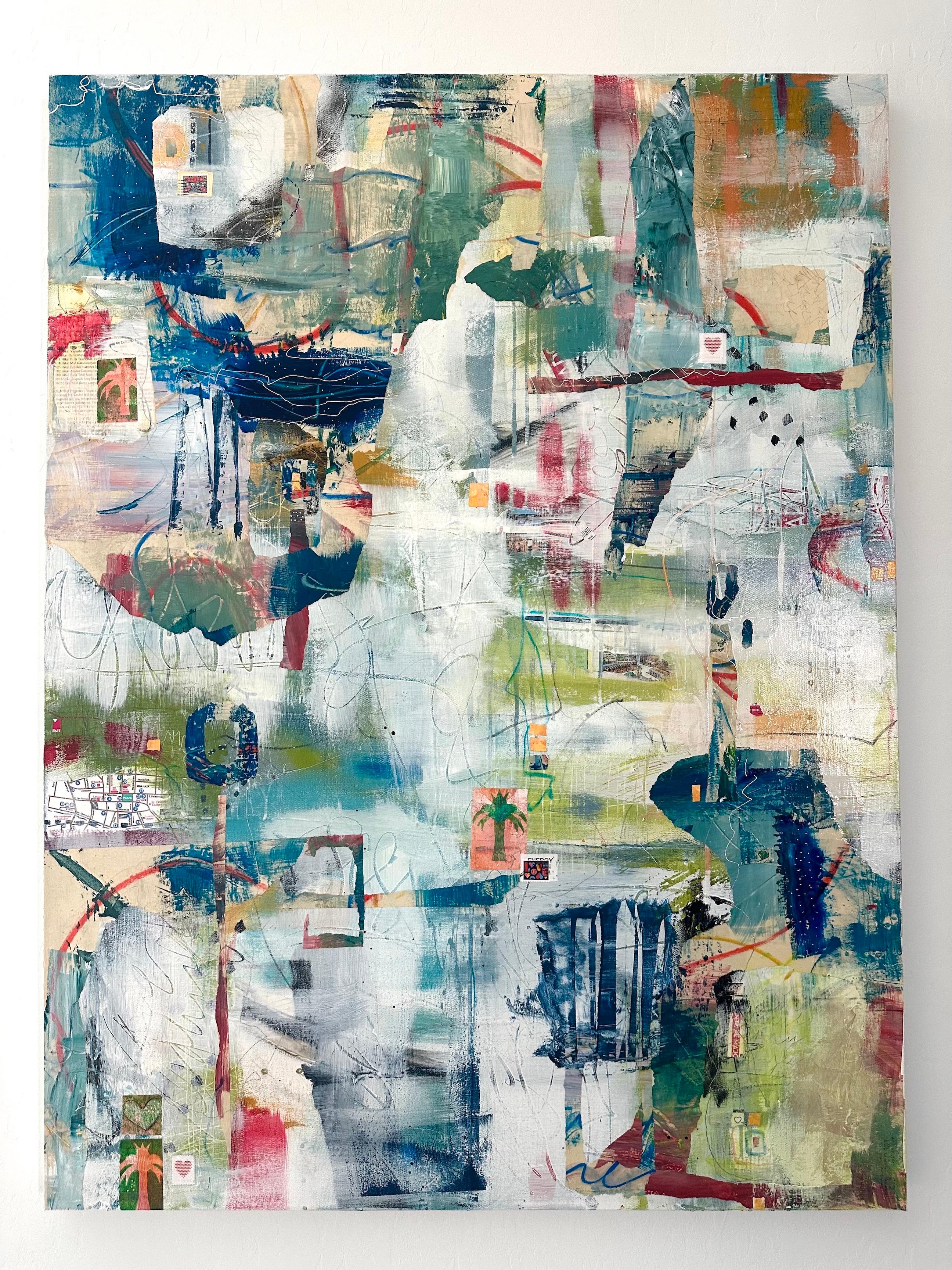 <p>Artist Comments<br>A multi-layered mixed-media abstract art combines paints of various colors with hand-printed papers, monoprints, exotic papers, maps, cancelled stamps, handmade stencils, and original images. The diverse materials create a
