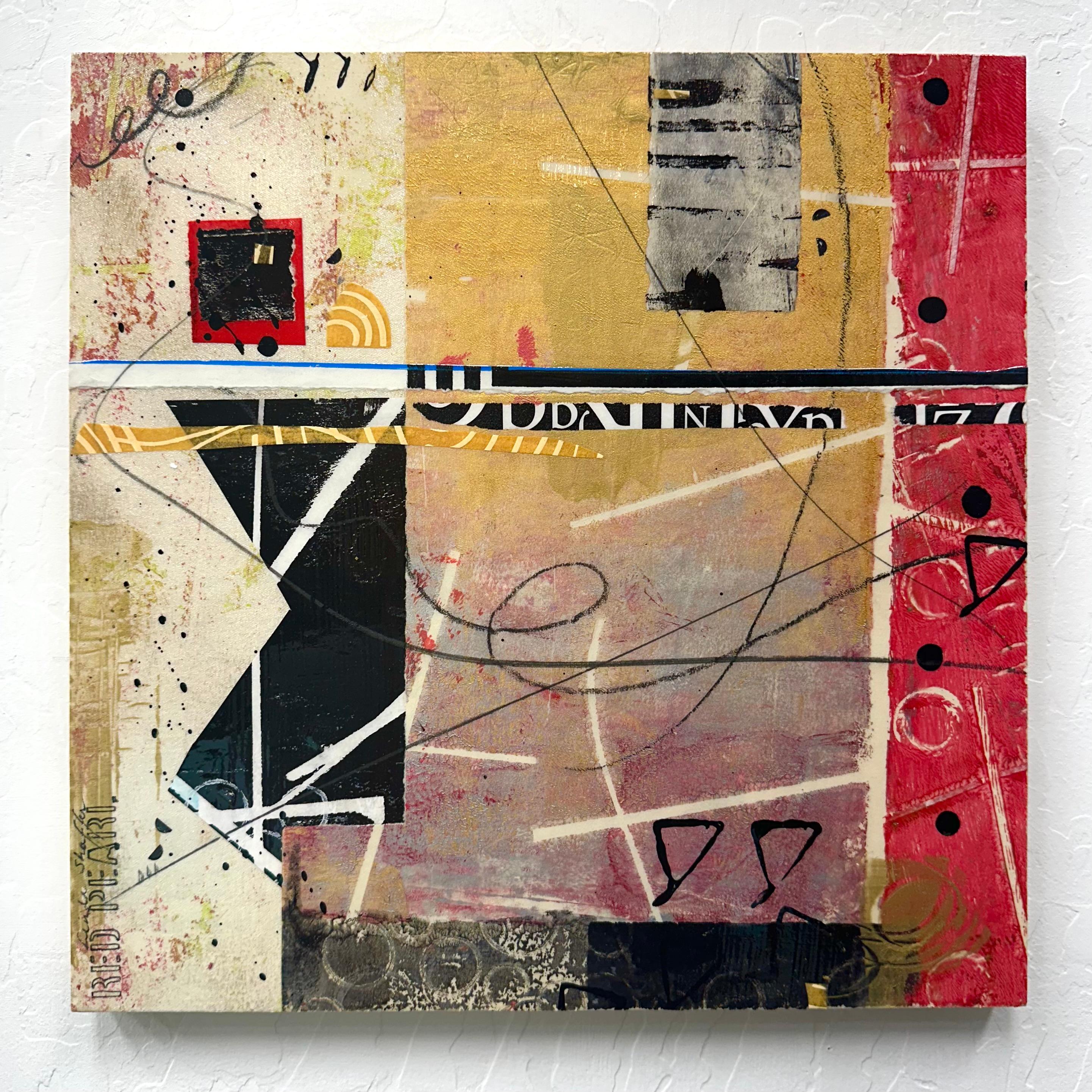 <p>Commenti dell'artista<br>Carte stampate a mano, monoprint e materiali raccolti dalla vita quotidiana si fondono in questo astratto a tecnica mista. Forme e linee nere e decise contrastano con il calore dello sfondo rosso e giallo. Il collage