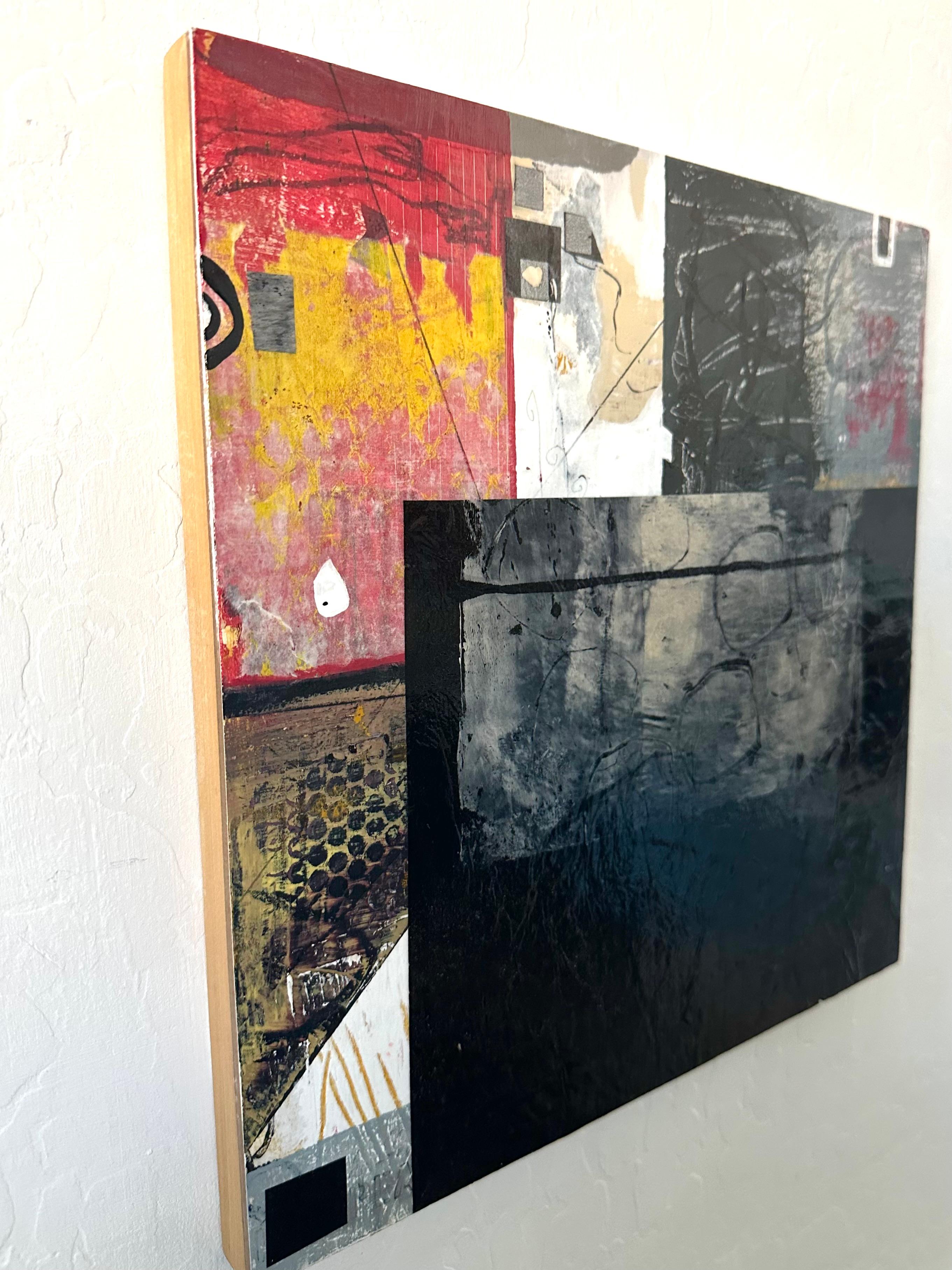 <p>Artist Comments<br>Artist Linda Shaffer created this vibrant, multi-layered mixed media abstract using black, red, and gray tones. The work incorporates monoprints, washi paper, mark making, and original images. Inspired by games she observes