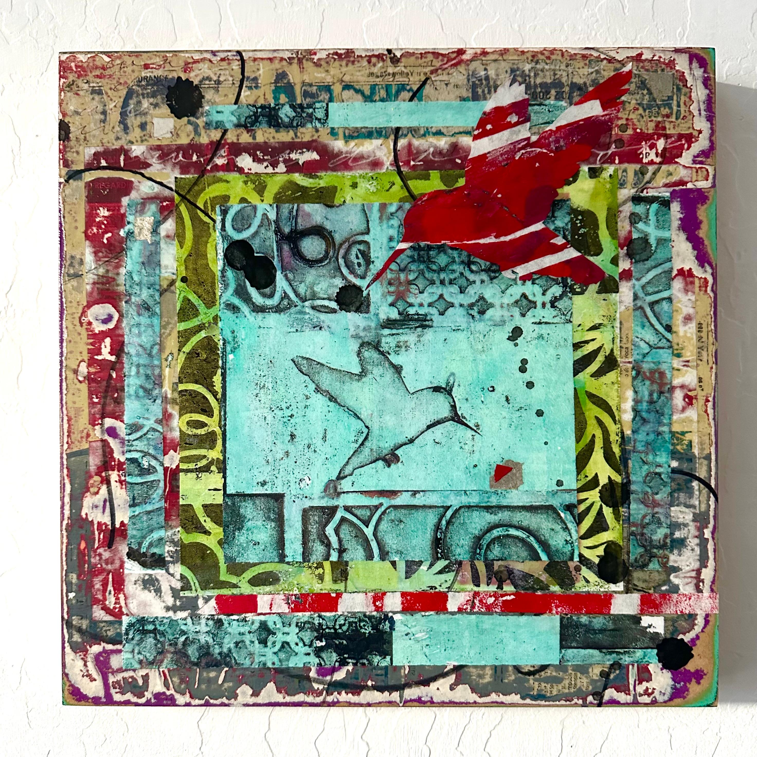 <p>Kommentare des Künstlers<br>Inspiriert von den Kolibris, die häufig die Wüstenlandschaft besuchen, fängt dieses vielschichtige abstrakte Mischtechnikbild ihre Bewegung und Energie ein. Die Künstlerin Linda Shaffer trug hellblau-türkise, rote und