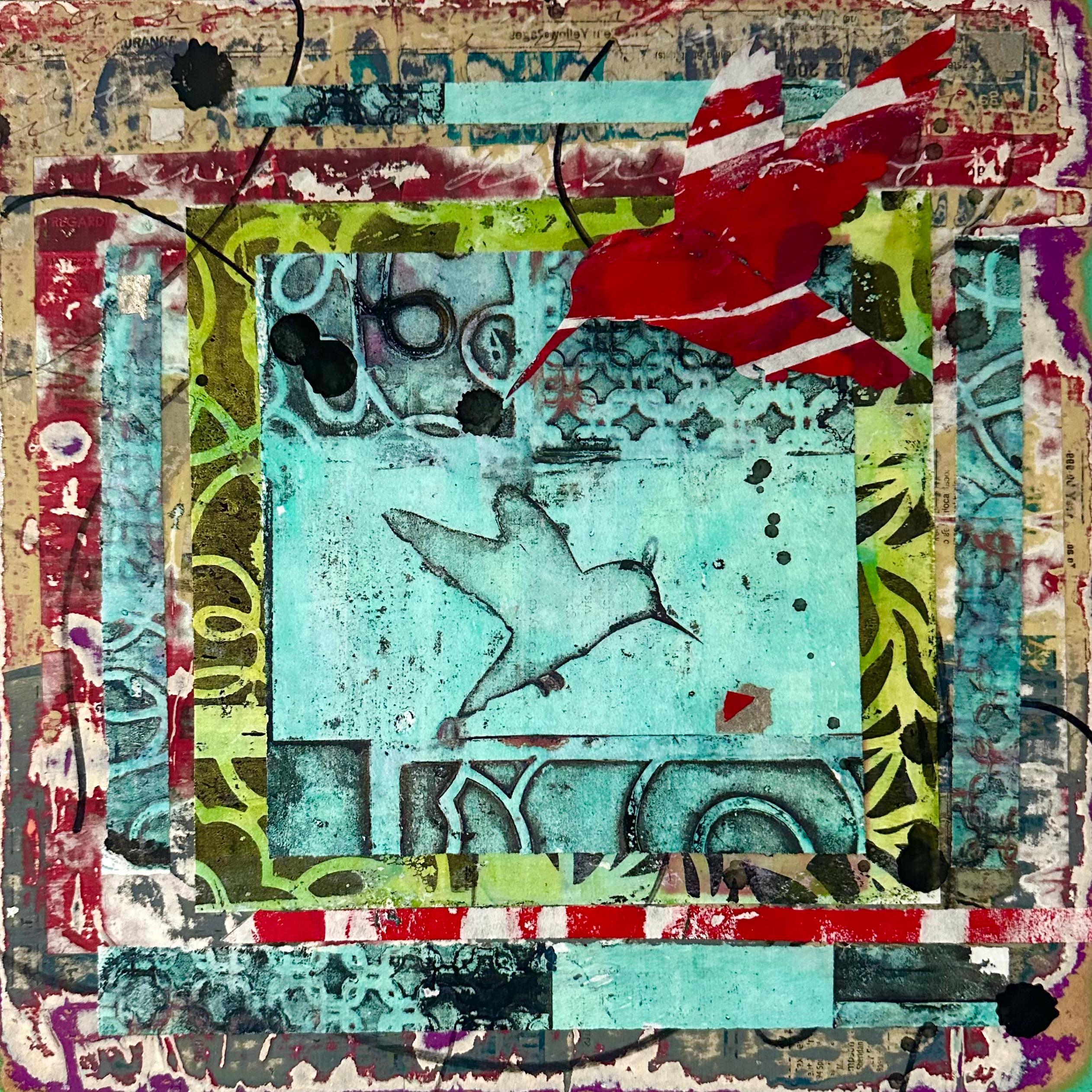 Kleine Flieger, Originalgemälde – Mixed Media Art von Linda Shaffer