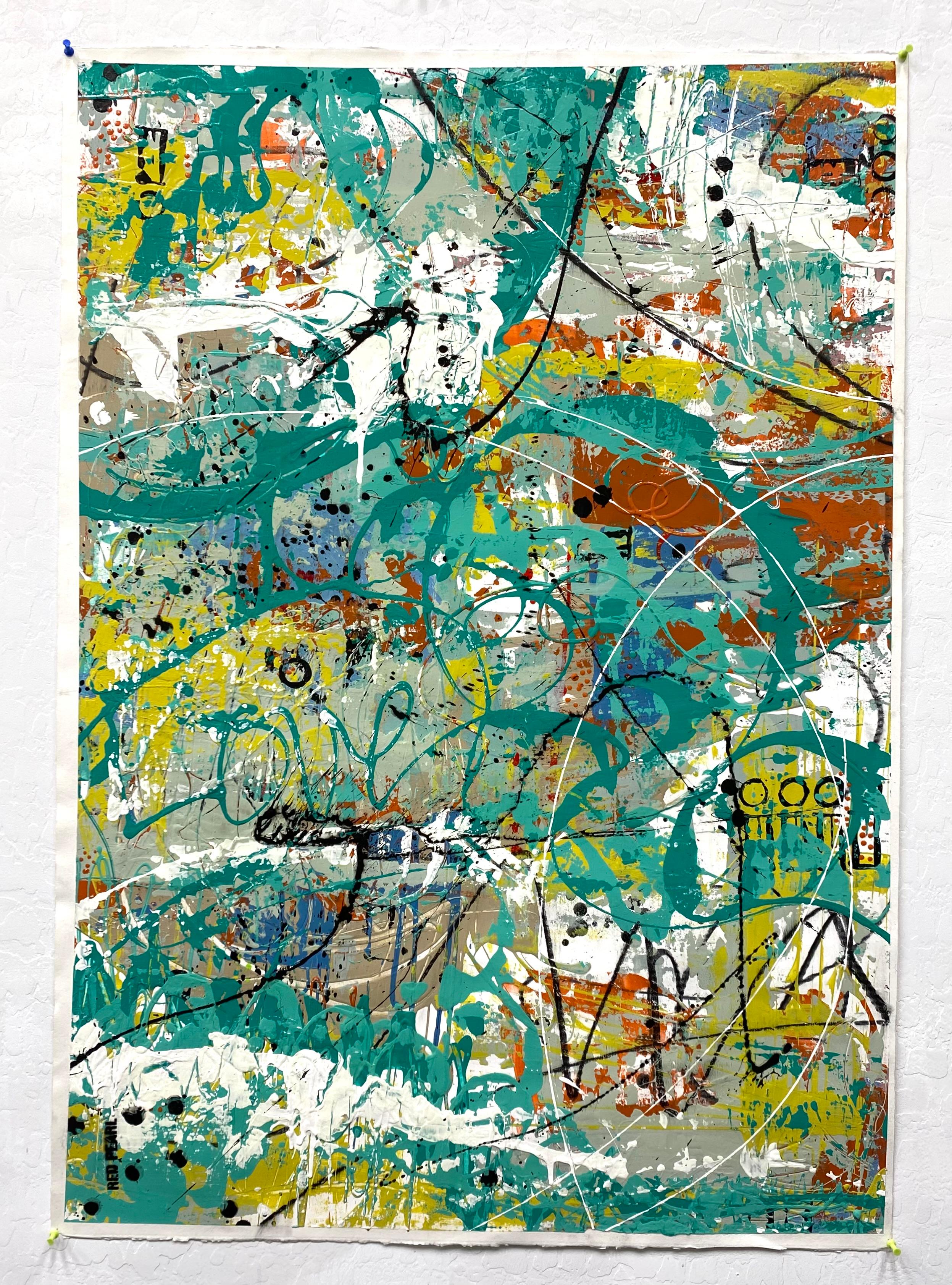 <p>Artist Comments<br>Artist Linda Shaffer paints a vibrant, multi-layered mixed media abstract. A bright mix of turquoise, rust, gray, black, and yellow fill the scene in swirls and drizzles. â€œThis painting was inspired by the joy of the many