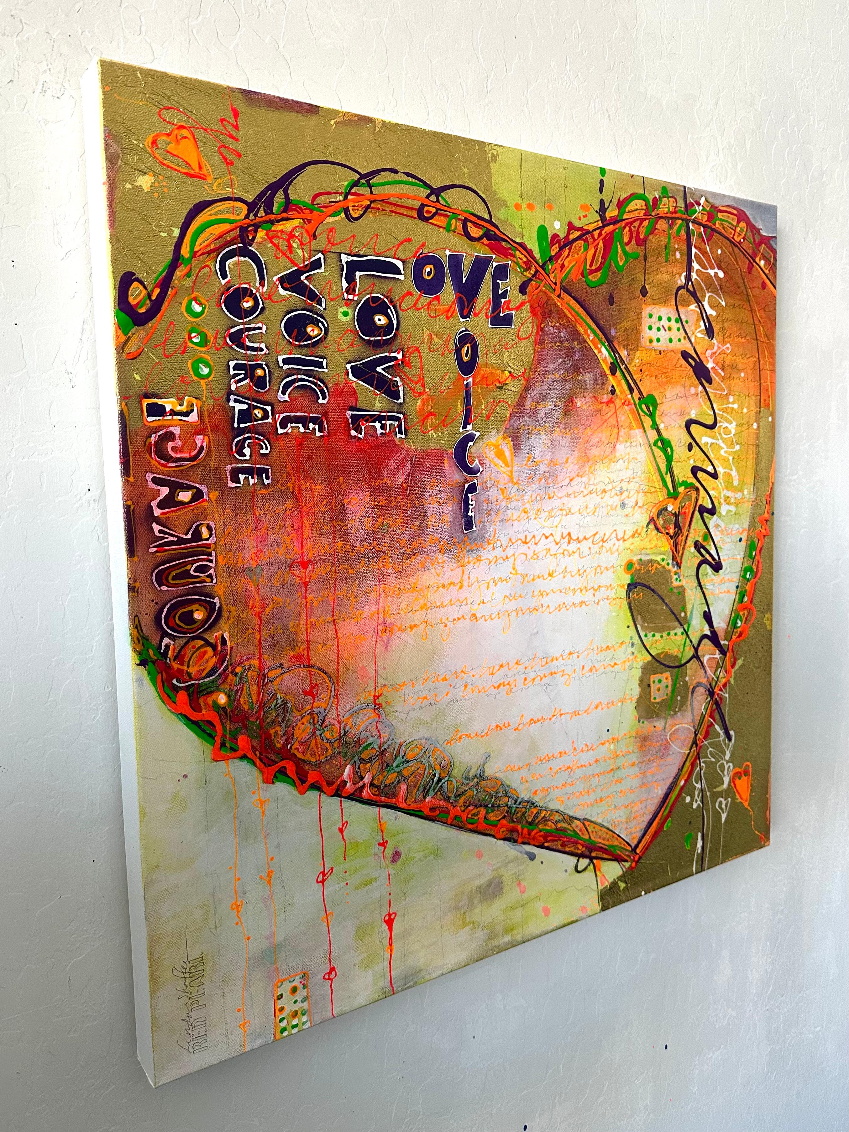 <p>Artist Comments<br>This mixed-media painting features a heart shape filled with a collage of words and letters. It symbolizes the courage and love required to give voice to our convictions. The artwork displays beautifully in black