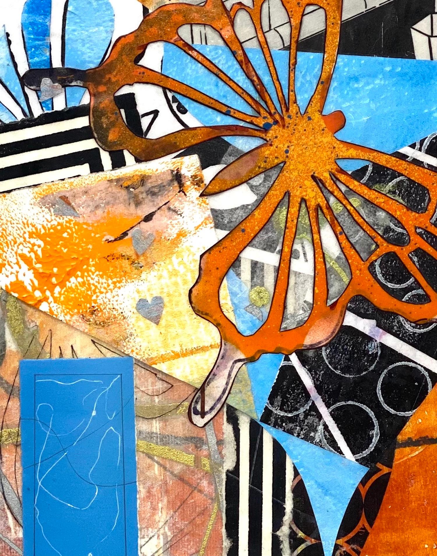 <p>Artist Comments<br />A vibrant multi-layered mixed media abstract in shades of blue, black, orange, and embedded with hand-printed paper and monoprints. “This piece was inspired by the butterflies outside my studio window,” says artist Linda