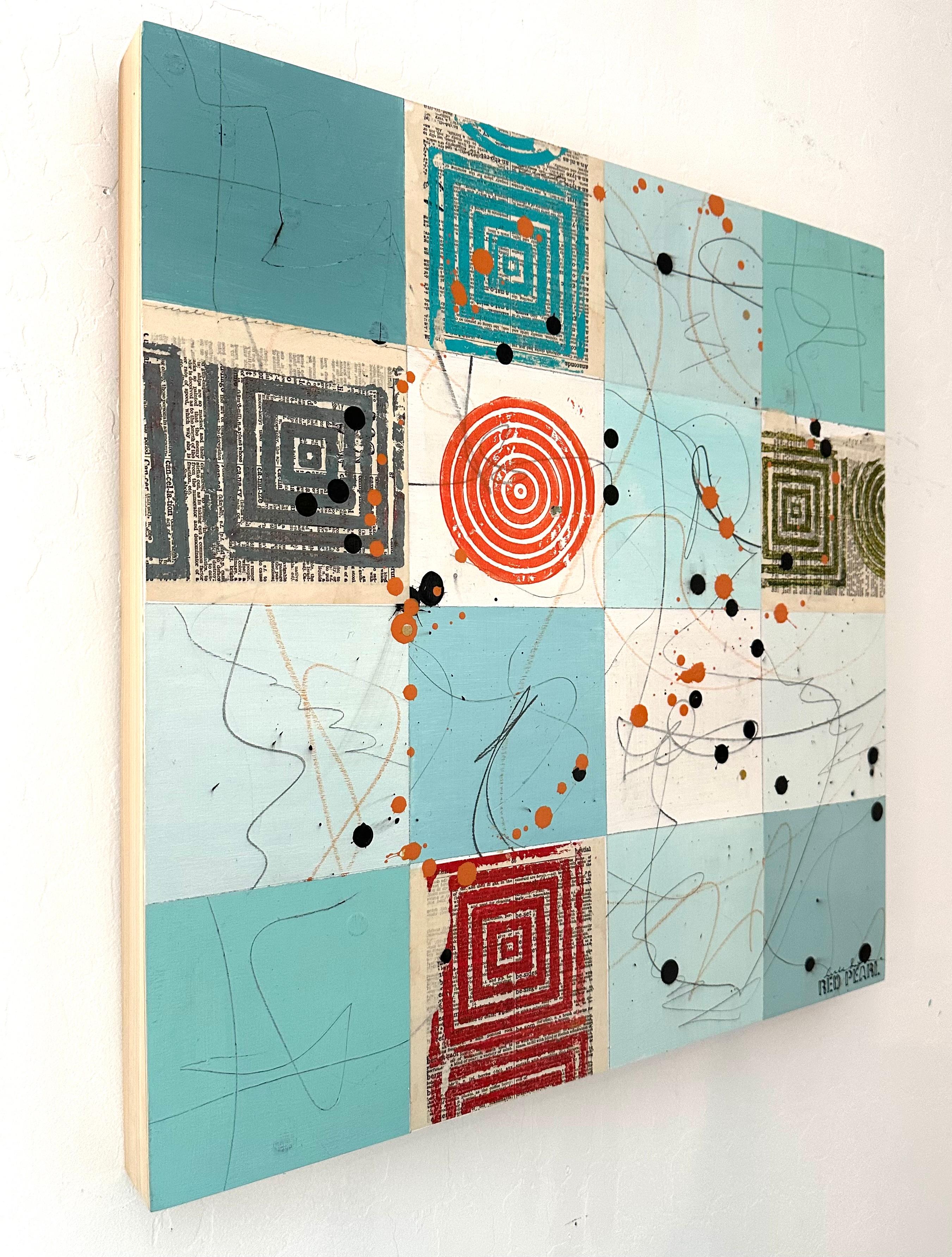 <p>Artist Comments<br>Splatters and geometric shapes bring variety to squares with different shades of blue. In creating the piece, artist Linda Shaffer takes inspiration from her love of travel and the exploration of possibilities in traversing