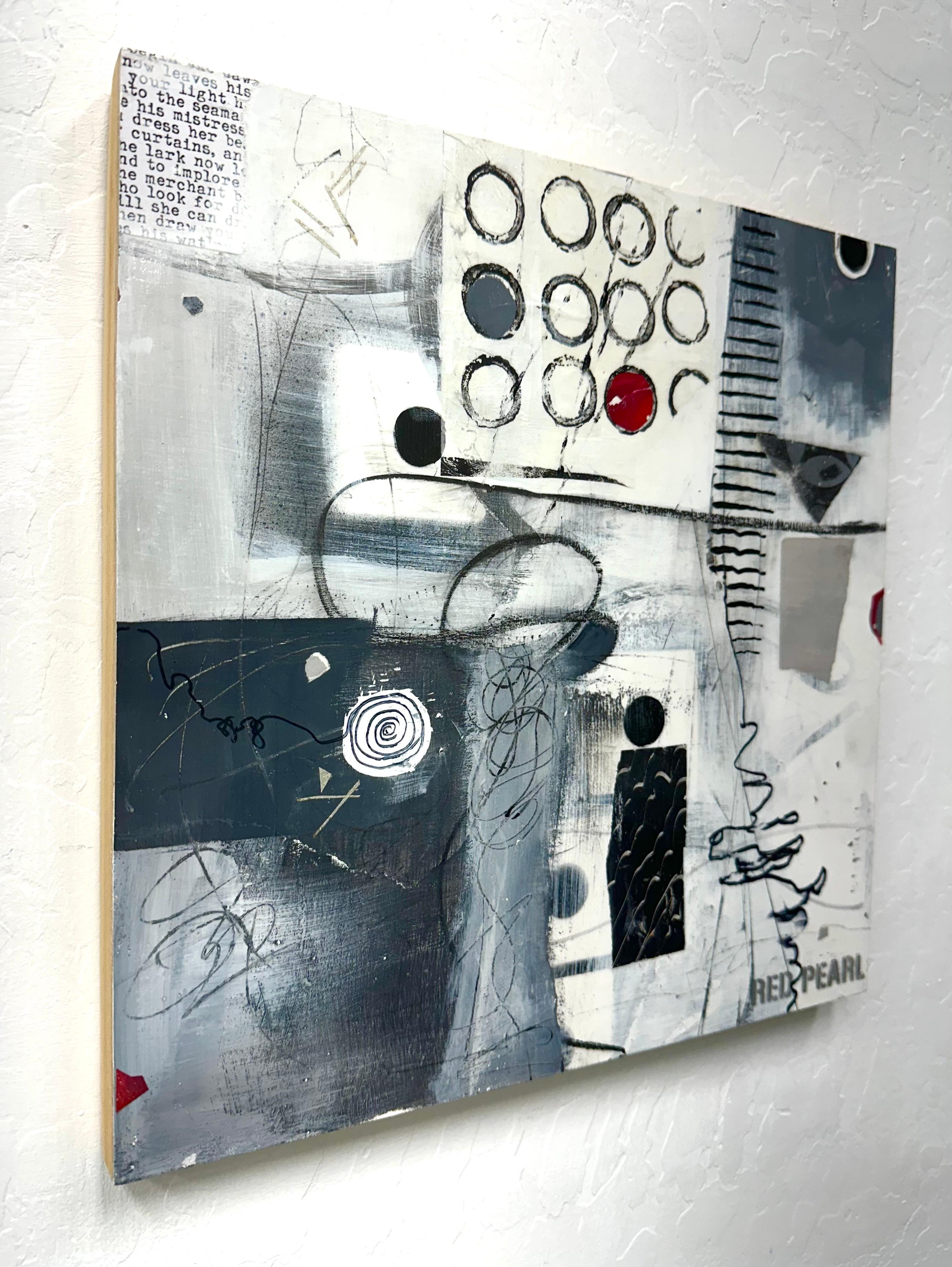 <p>Artist Comments<br>A multi-layered mixed-media abstract features hand-printed papers, monoprints, exotic papers, travel and original photographs, and papers collected from bits of everyday life. Red accents add contrast to the black and grey
