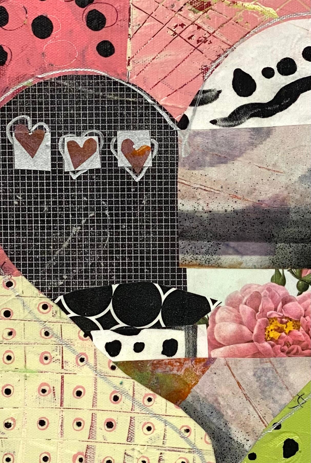 <p>Artist Comments<br />A vibrant multi-layered mixed media abstract in pink, black, and green embedded with an assortment of hand-printed papers and monoprints. “This piece was inspired by the whimsical nature of love,” says artist Linda Shaffer.