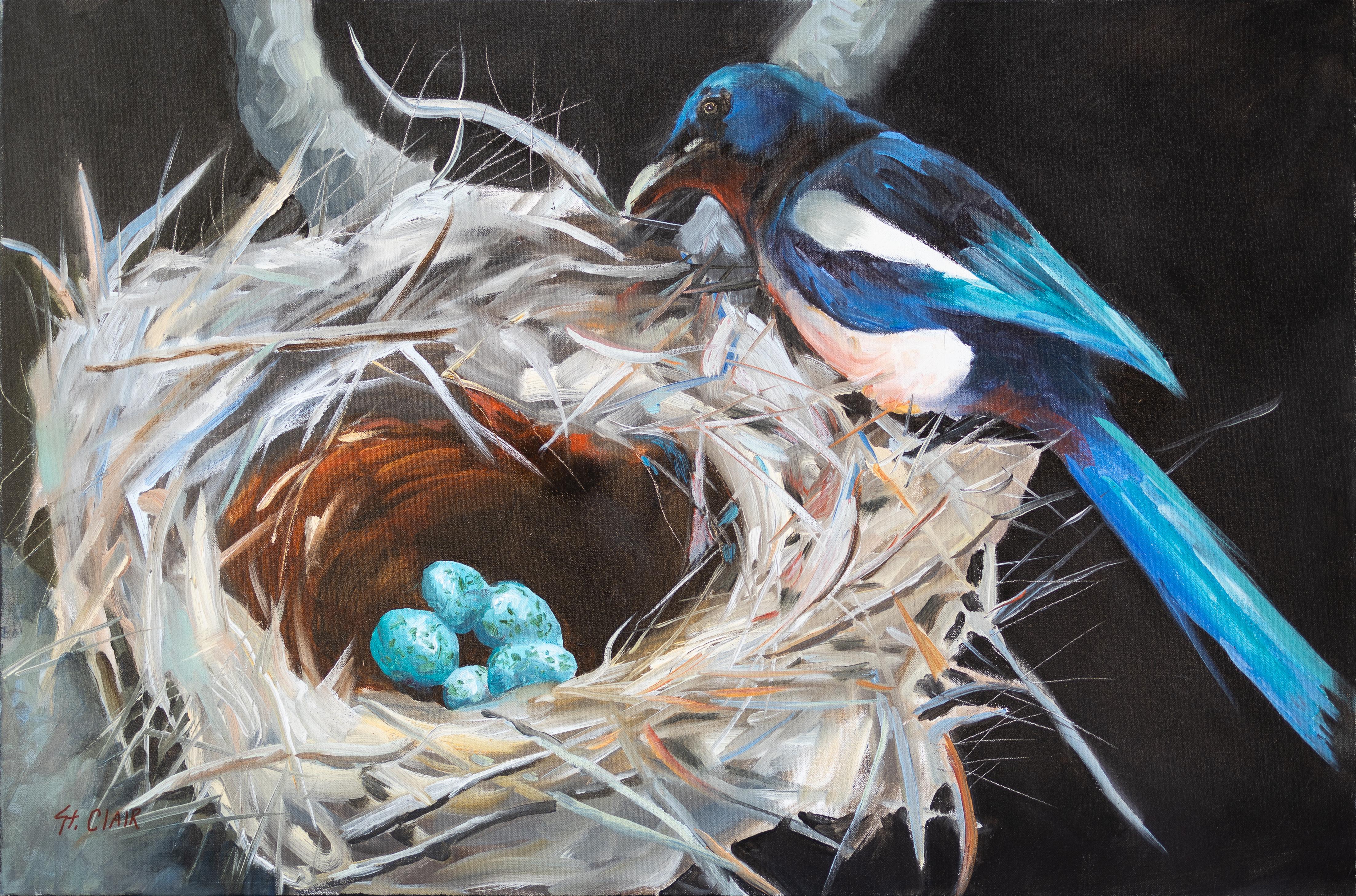 Linda St. Clair Animal Painting - "A Watchful Eye" Blue Magpie Mother Watching Her Eggs