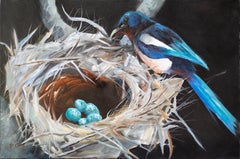 „Ein wachsames Auge“ Blaue Magpie, Mutter, die ihre Eier watcht