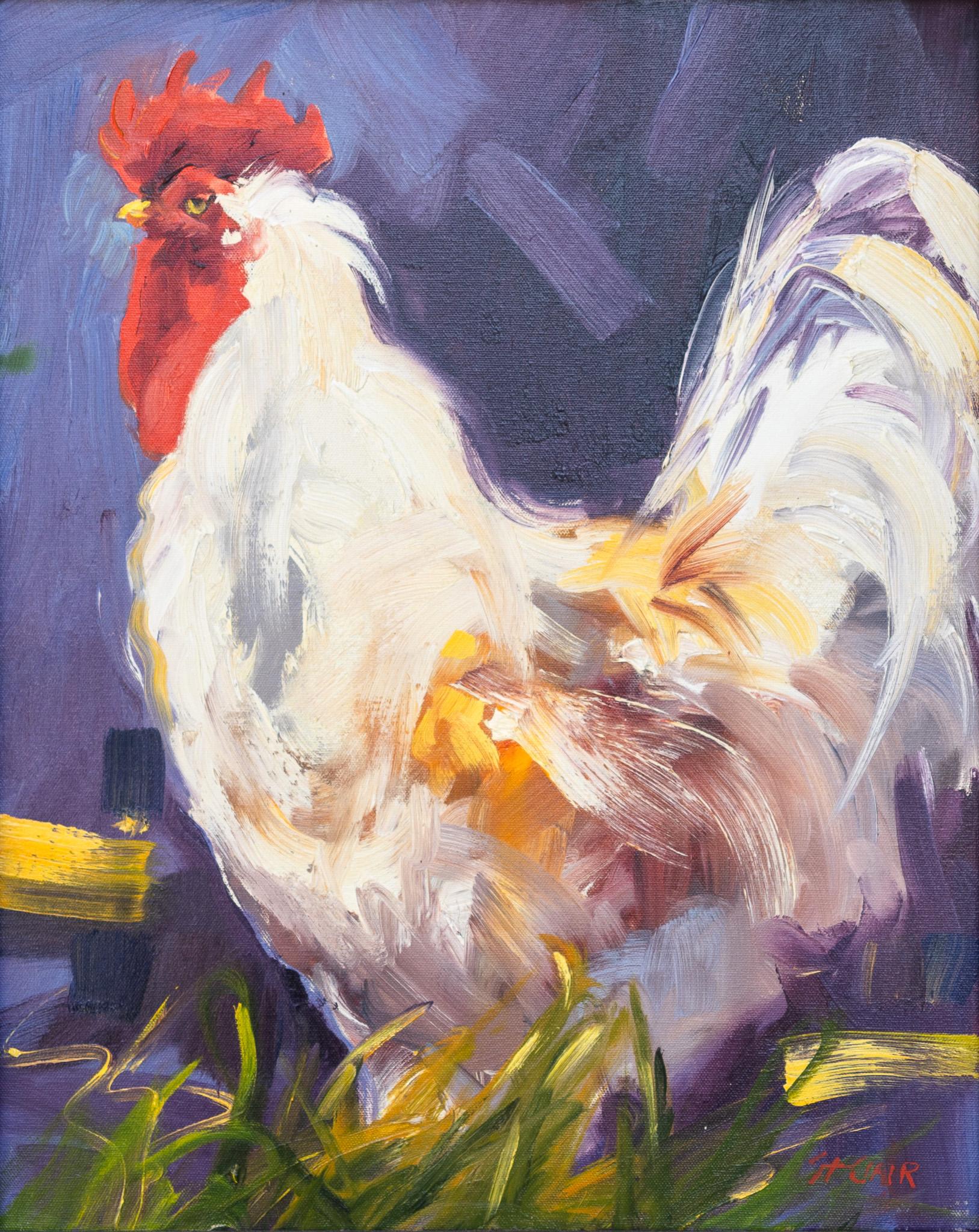 Linda St. Clair Animal Painting - "Dawn Breaker" Impressionist Rooster Painting