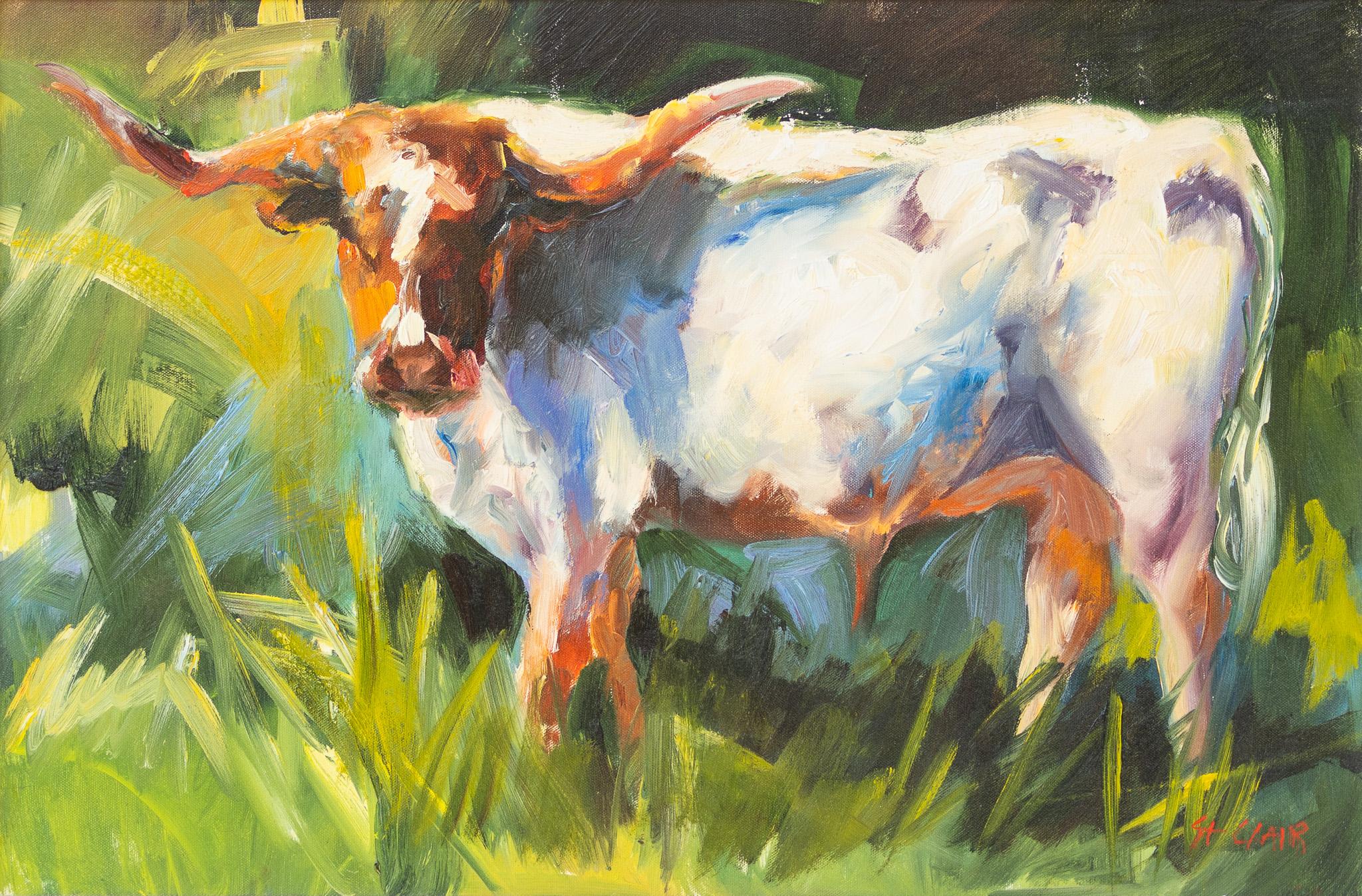 Animal Painting Linda St. Clair - "Longhorn dans un pâturage" Scène de bétail impressionniste