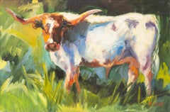 Retro "Longhorn in a Pasture" Impressionist Cattle Scene