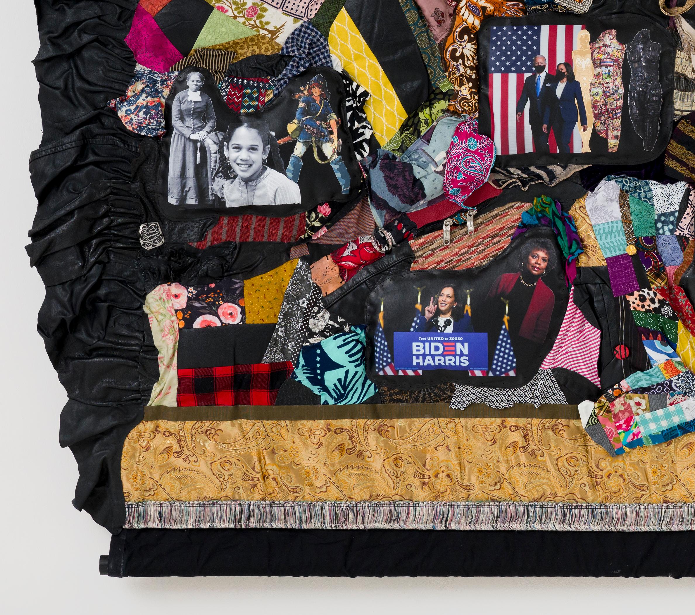 Linda Stein, I Sell the Shadow to Support the Substance (Kamala Harris) 1042 - Feminist Contemporary Fabric Leather Sculptural Tapestry 

I Sell the Shadow to Support the Substance (Kamala Harris) 1042 is from Linda Stein's Sexism series, which