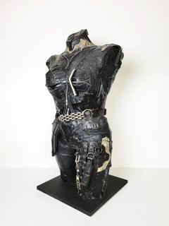 Feminist Contemporary Black Leather Metal Torso Sculpture - Need's Answer 741