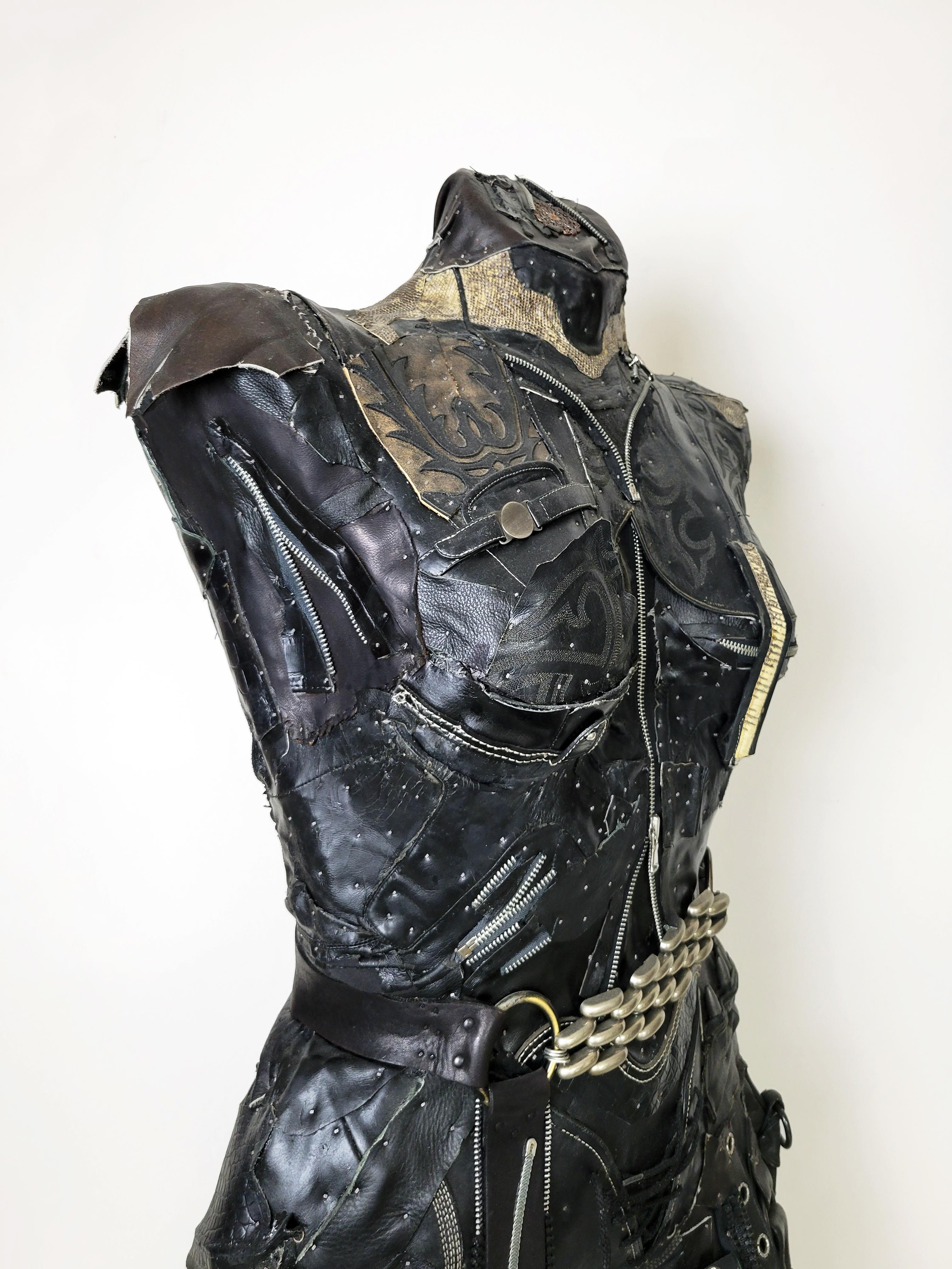 Feminist Contemporary Black Leather Metal Torso Sculpture - Need's Answer 741  - Gray Figurative Sculpture by Linda Stein